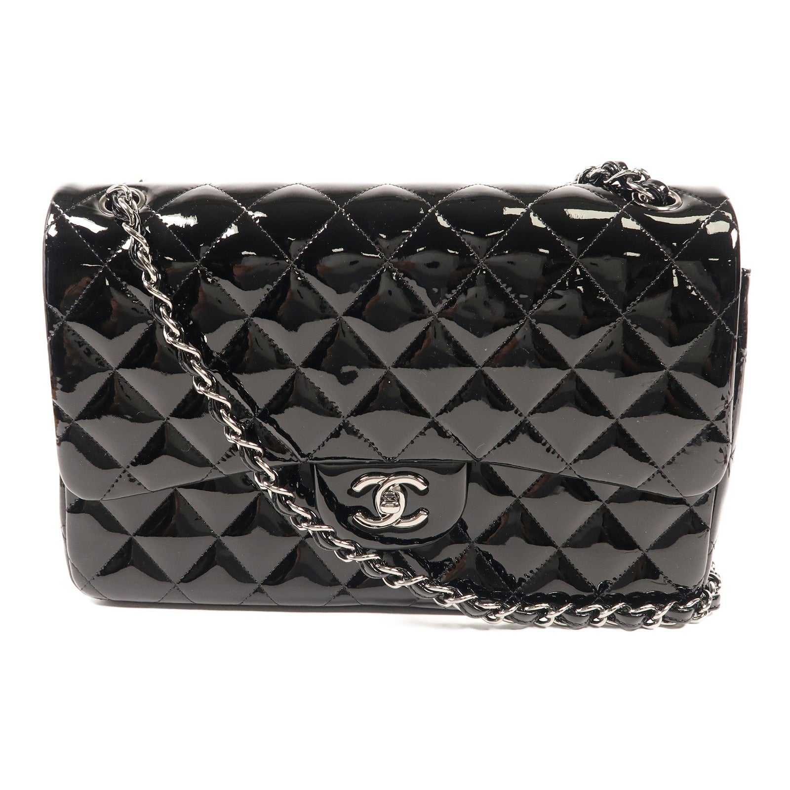 CHANEL 漆皮皮革Large Classic銀扣鏈帶肩背袋