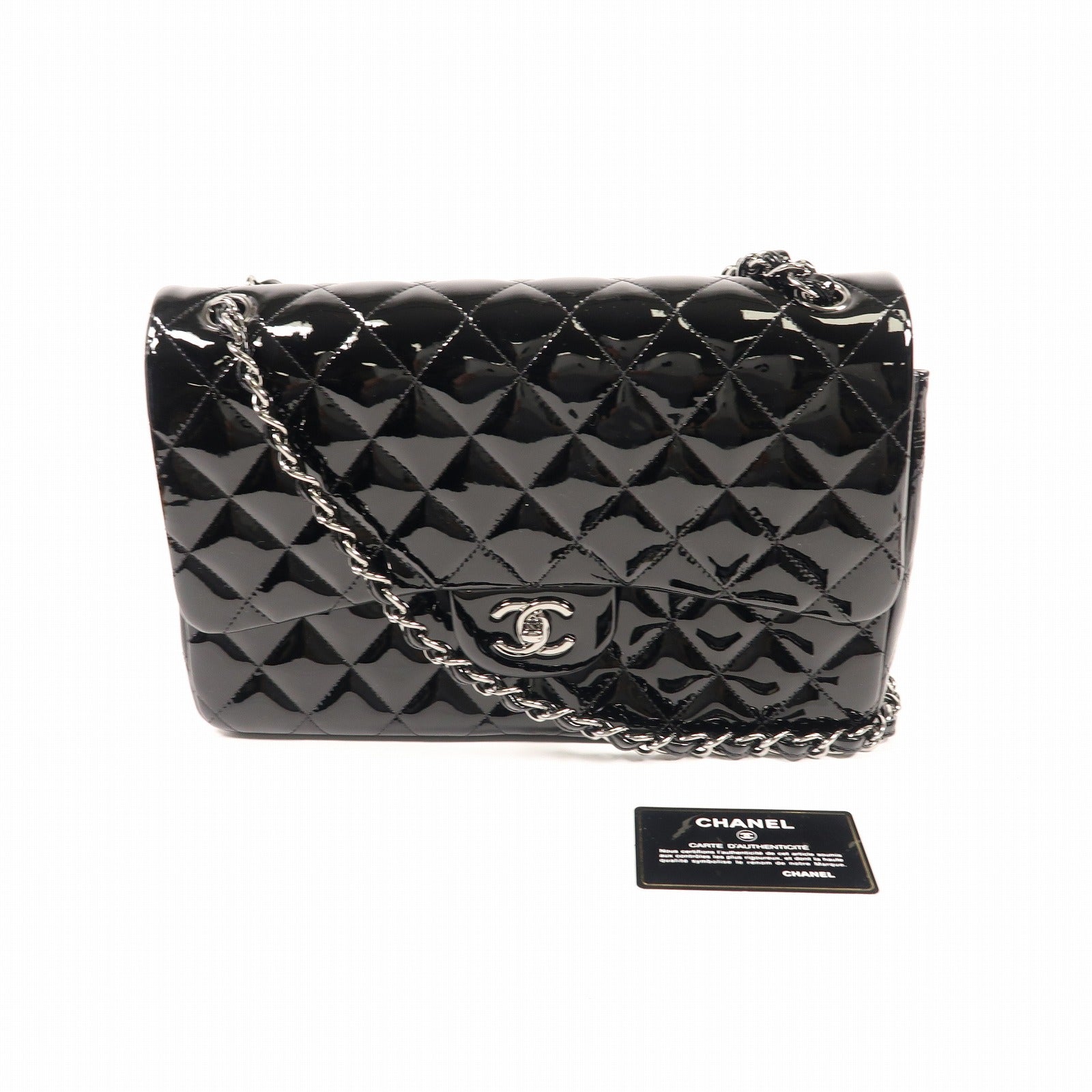 CHANEL 漆皮皮革Large Classic銀扣鏈帶肩背袋