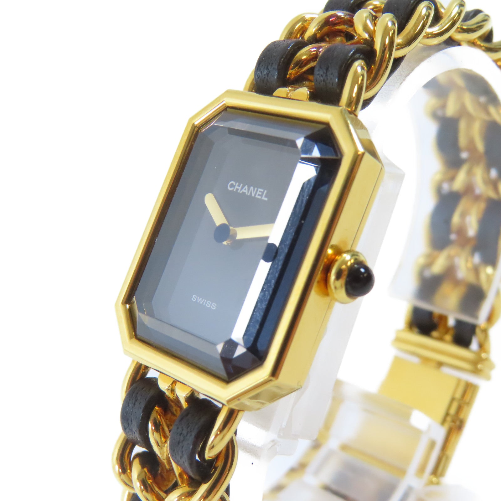 CHANEL Premiere L 18K鍍黃金/皮革手錶石英機芯黑色#16.25cm