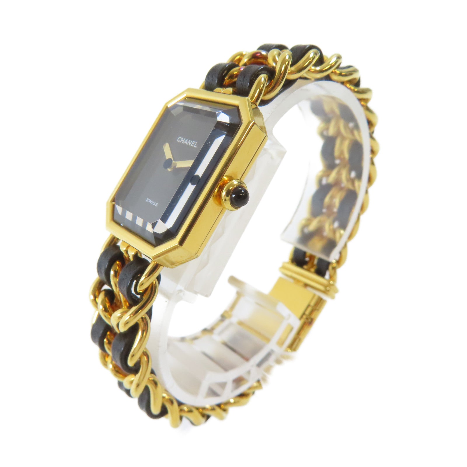 CHANEL Premiere L 18K鍍黃金/皮革手錶石英機芯黑色#16.25cm