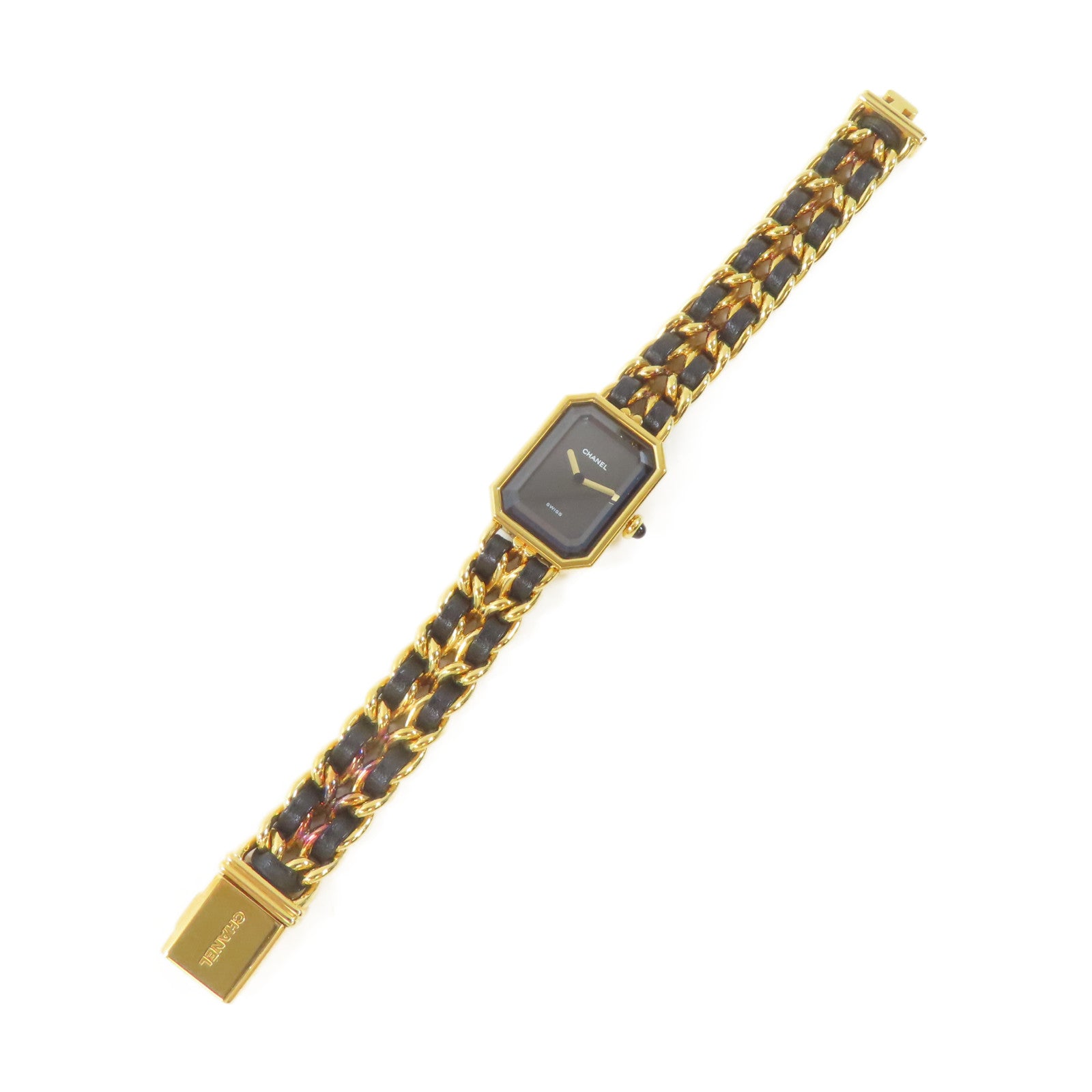 CHANEL Premiere L 18K鍍黃金/皮革手錶石英機芯黑色#16.25cm