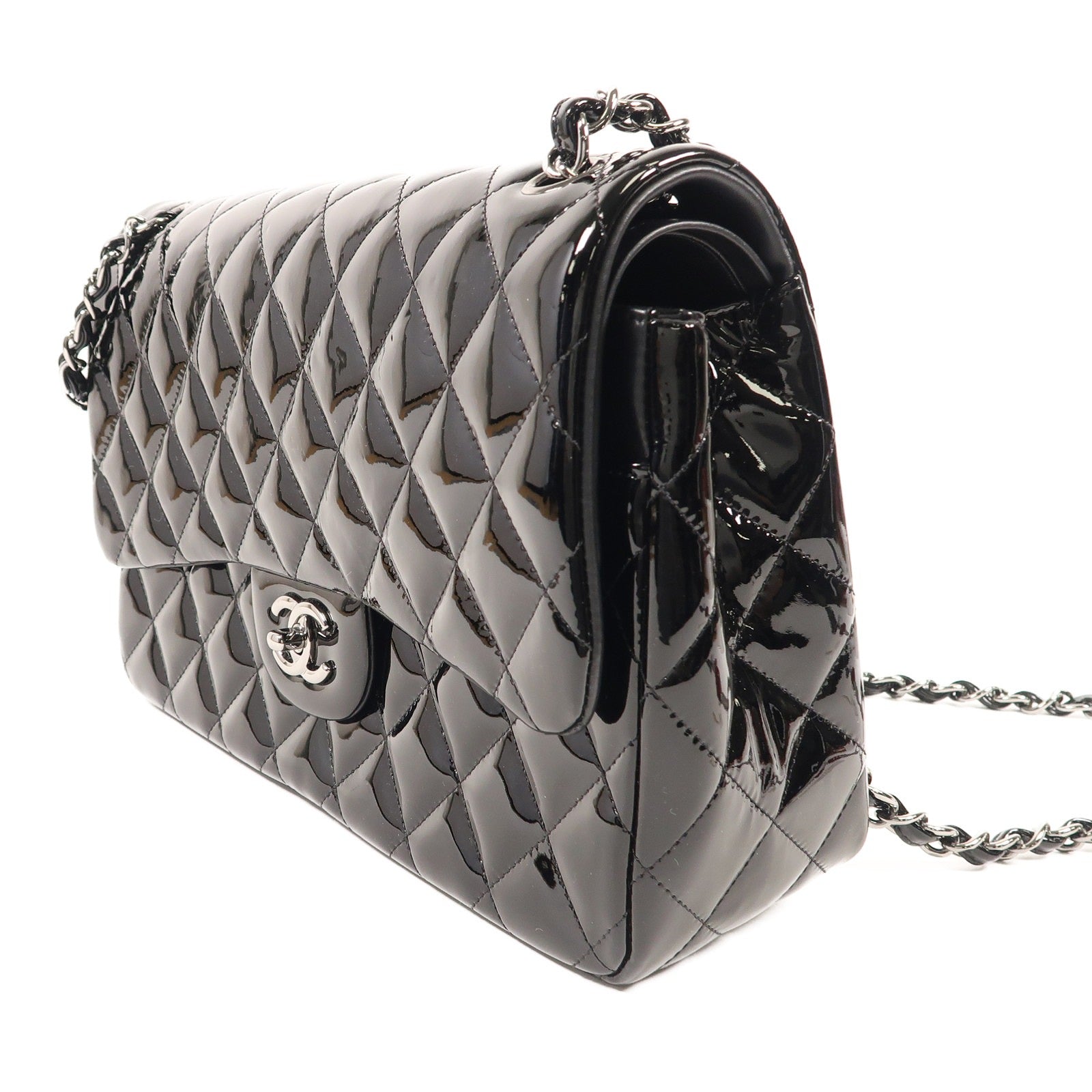 CHANEL 漆皮皮革Large Classic銀扣鏈帶肩背袋
