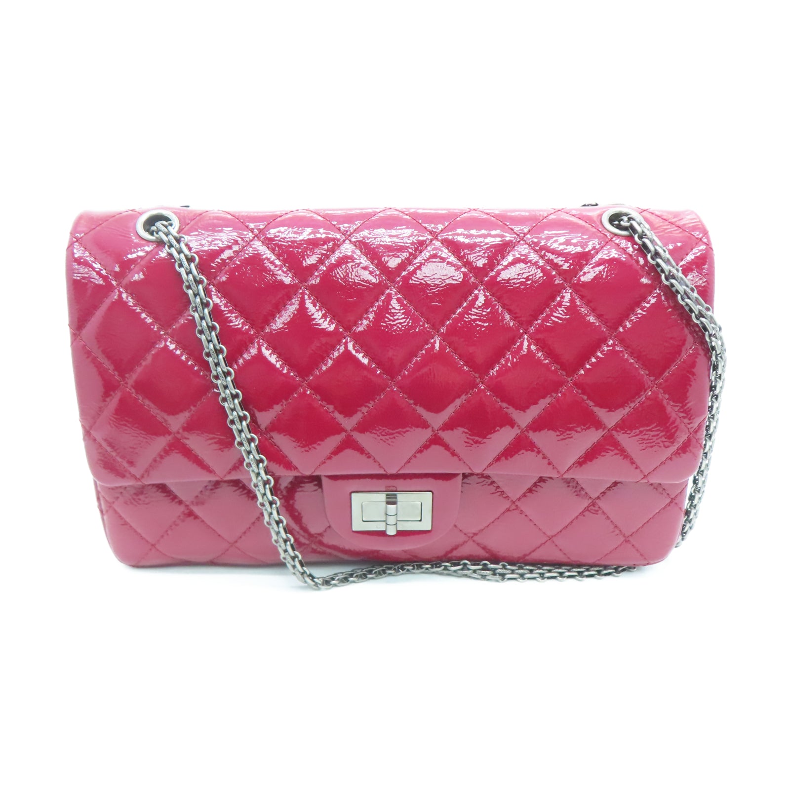 CHANEL 菱格漆皮皮革2.55 Chain Shoulder银扣链带肩背袋红色