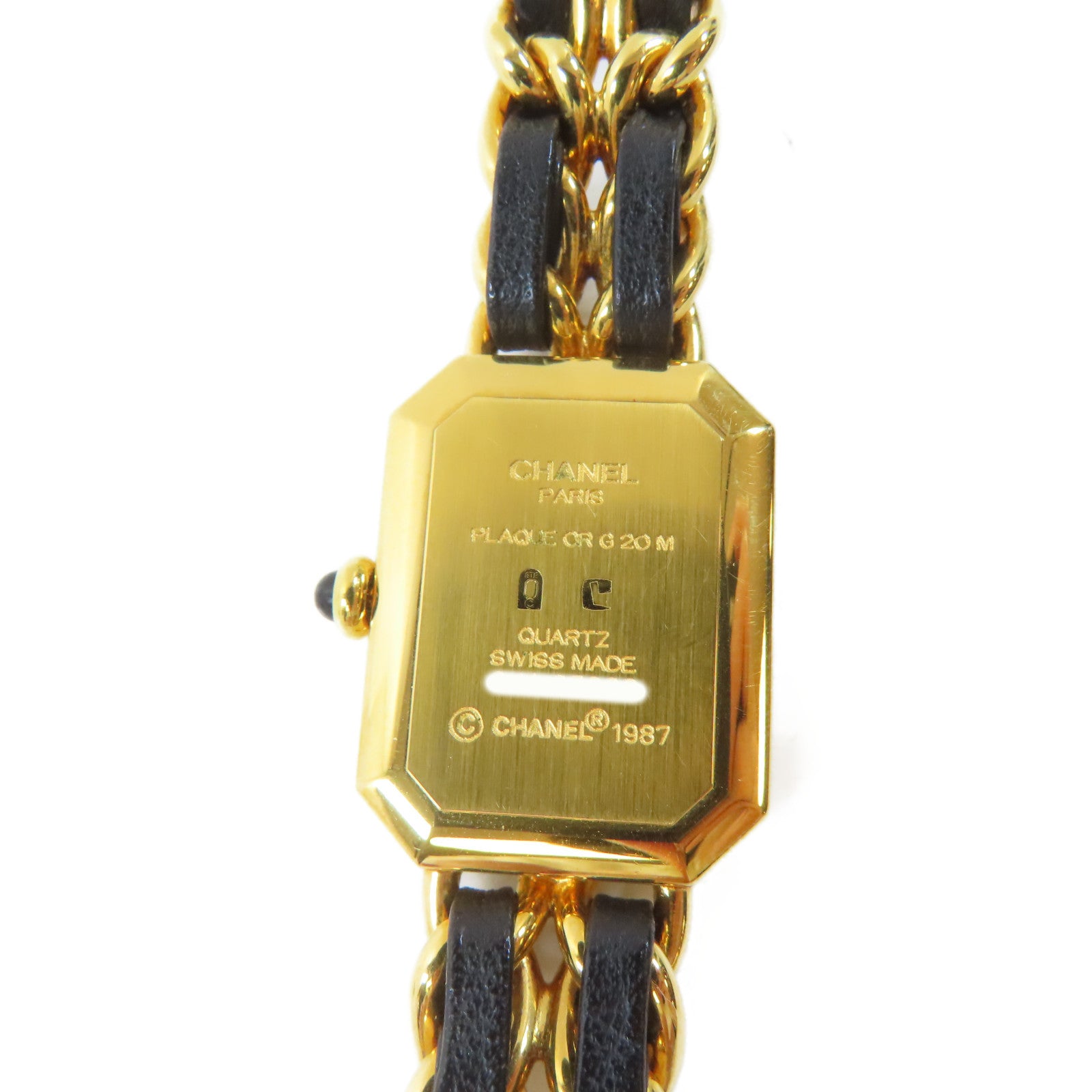 CHANEL Premiere L 18K鍍黃金/皮革手錶石英機芯黑色#16.25cm