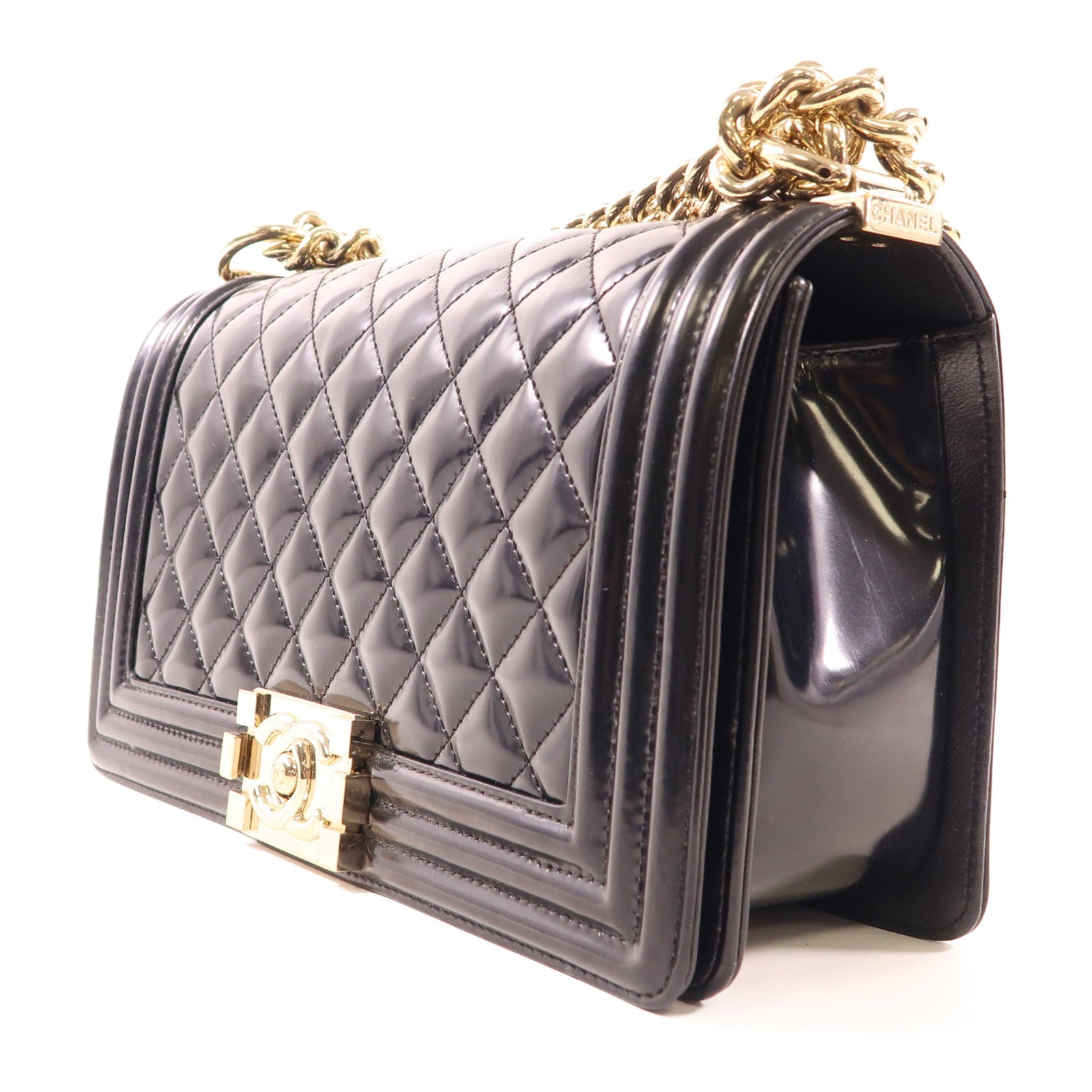 CHANEL CC GHW Boy 25 Chain Shoulder Bag 67086 Patent Leather Black