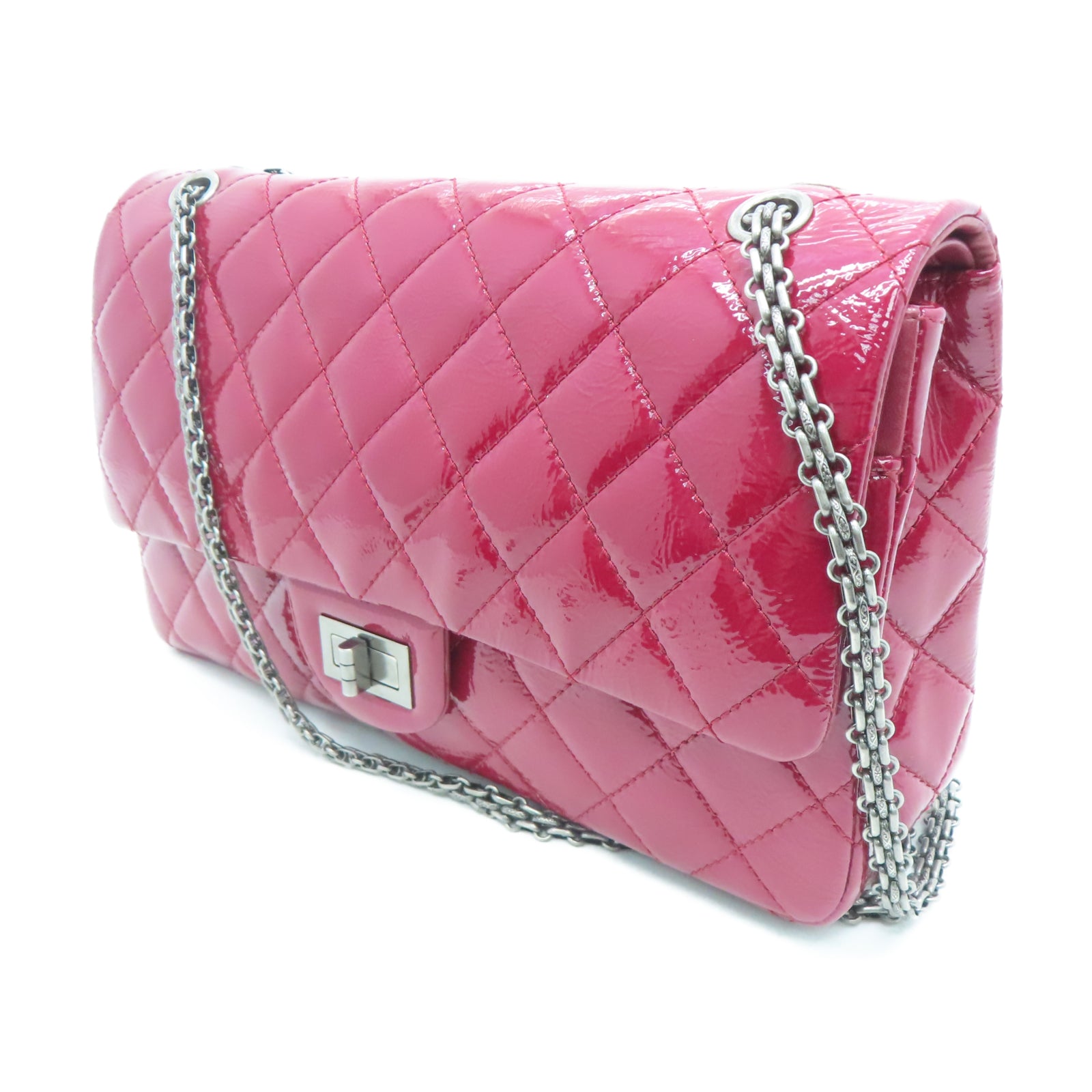 CHANEL 菱格漆皮皮革2.55 Chain Shoulder银扣链带肩背袋红色