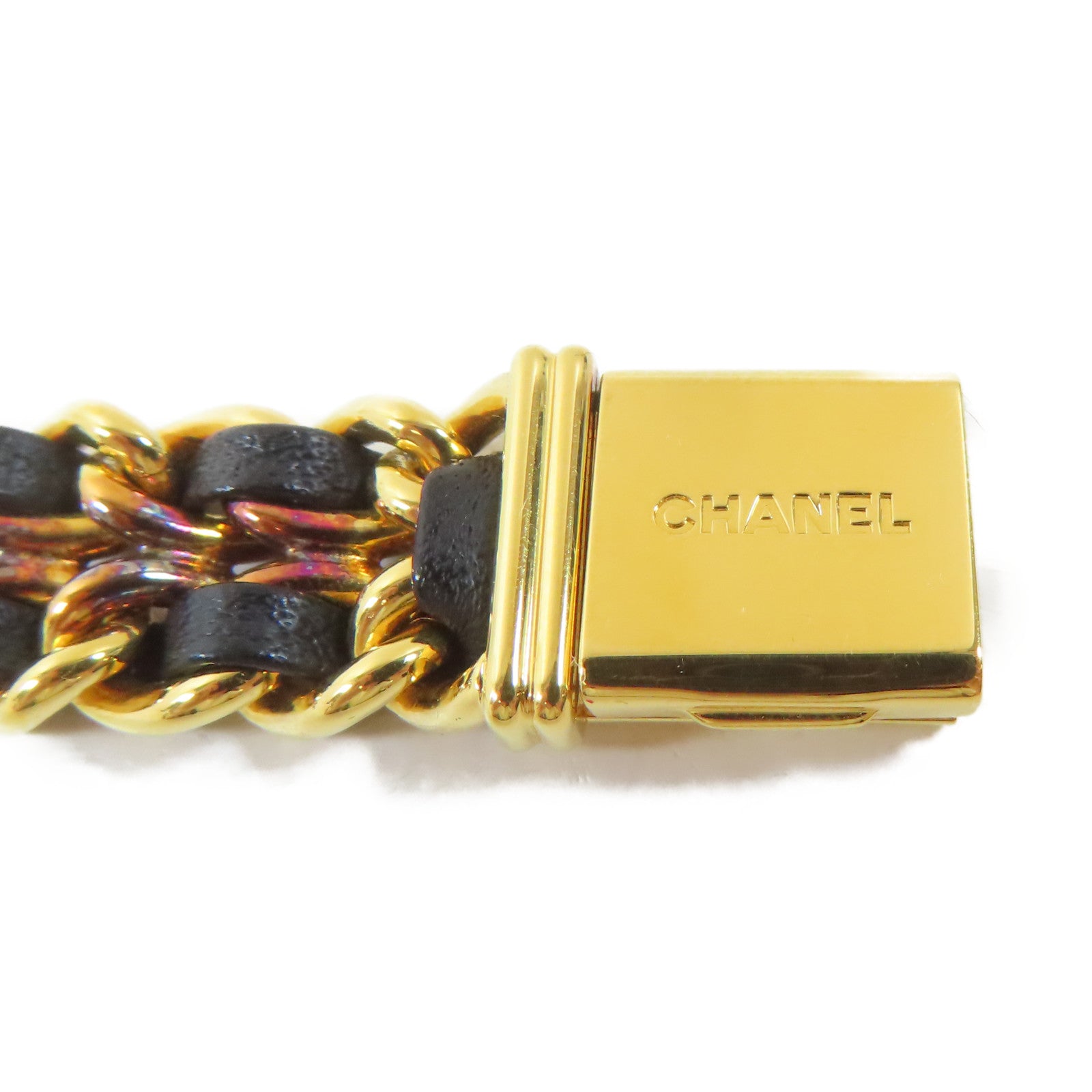 CHANEL Premiere L 18K鍍黃金/皮革手錶石英機芯黑色#16.25cm