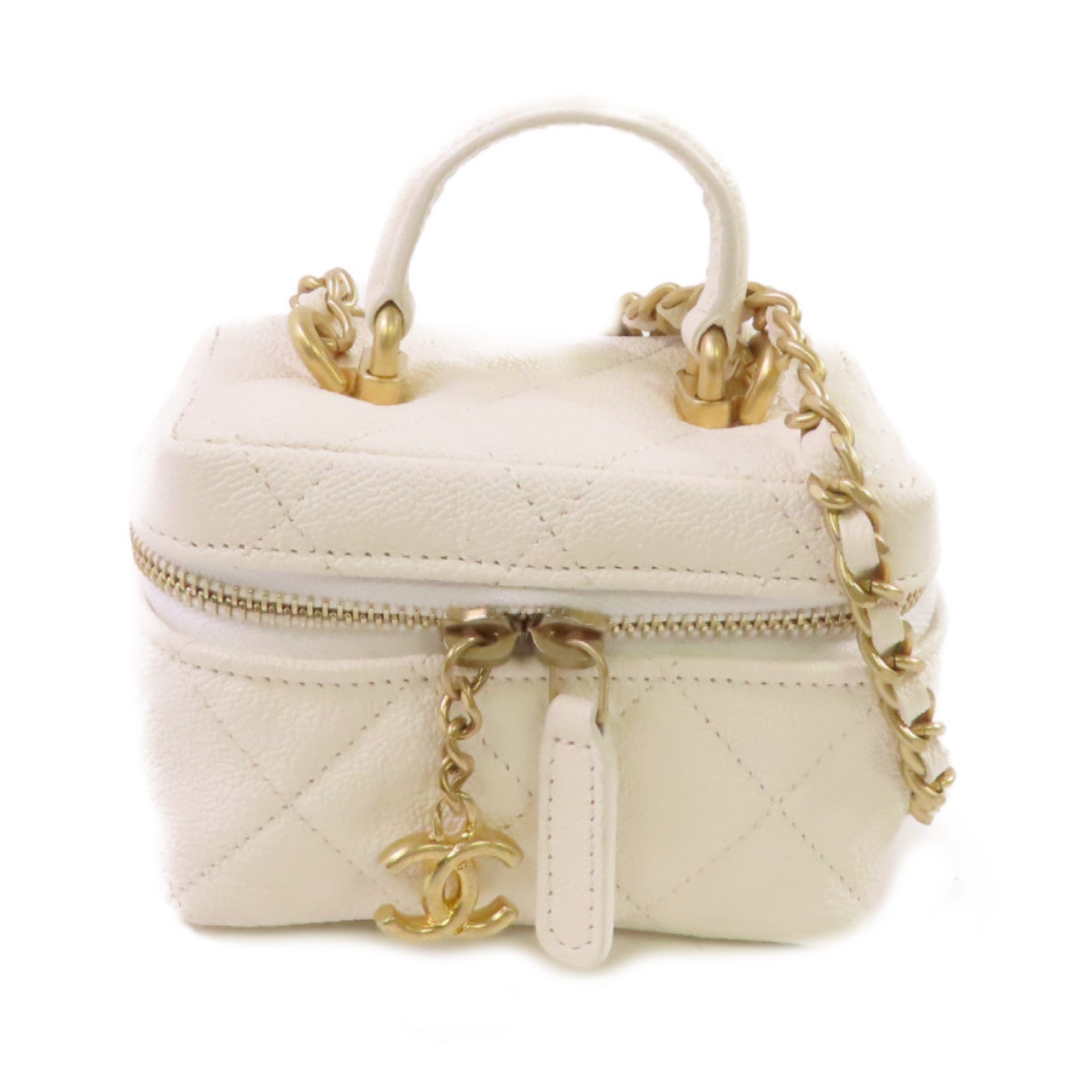CHANEL 菱格牛皮皮革Chain Shoulder Bag金扣鏈帶肩背袋白色