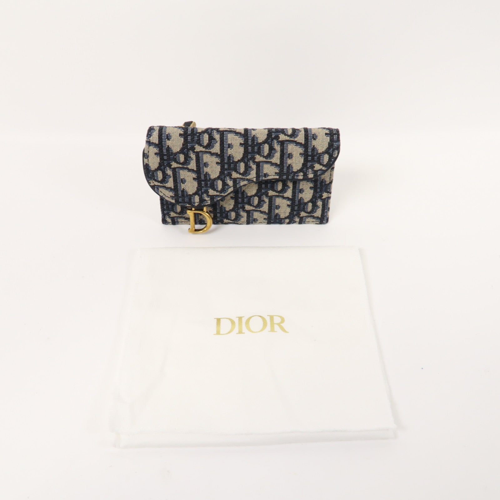 Dior 帆布Saddle Flap Compact Zipped Card Holder金扣卡片套米色/藍色
