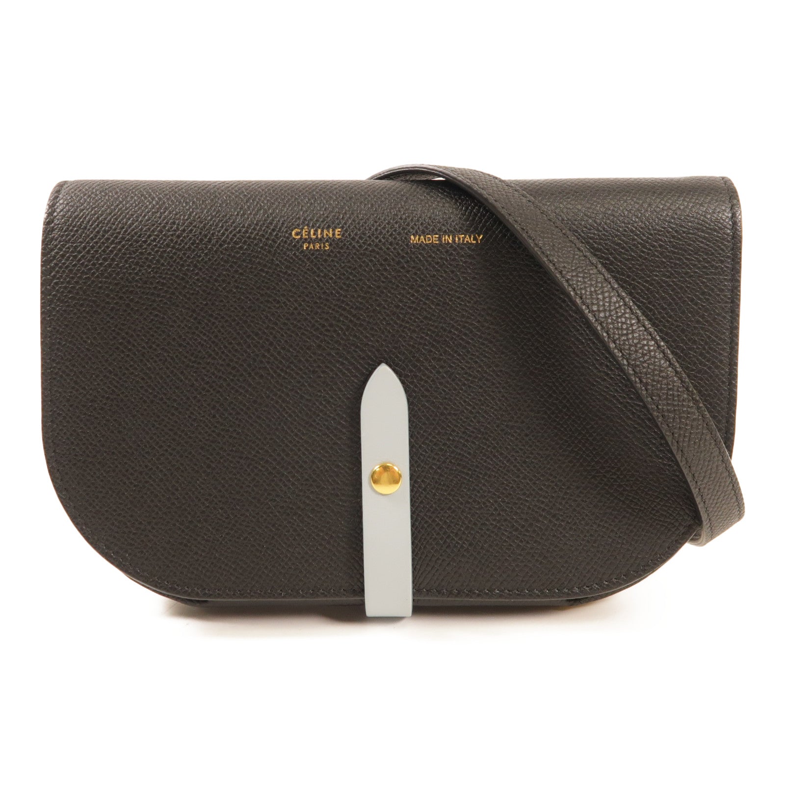 CELINE 牛皮皮革Strap Clutch金扣肩背袋黑色/淺藍色