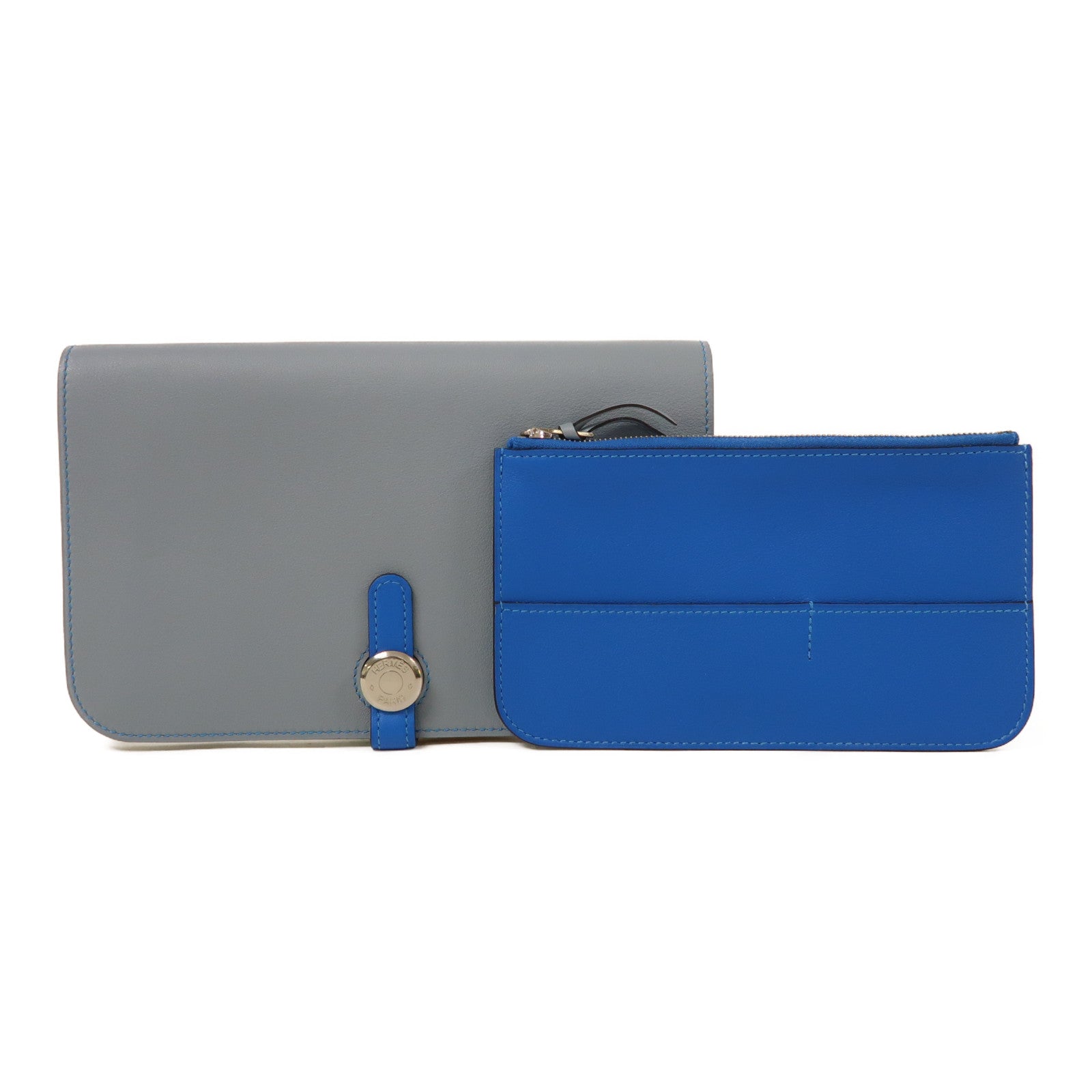 HERMES Swift皮革Dogon GM銀扣長錢包Grey/LightBlue
