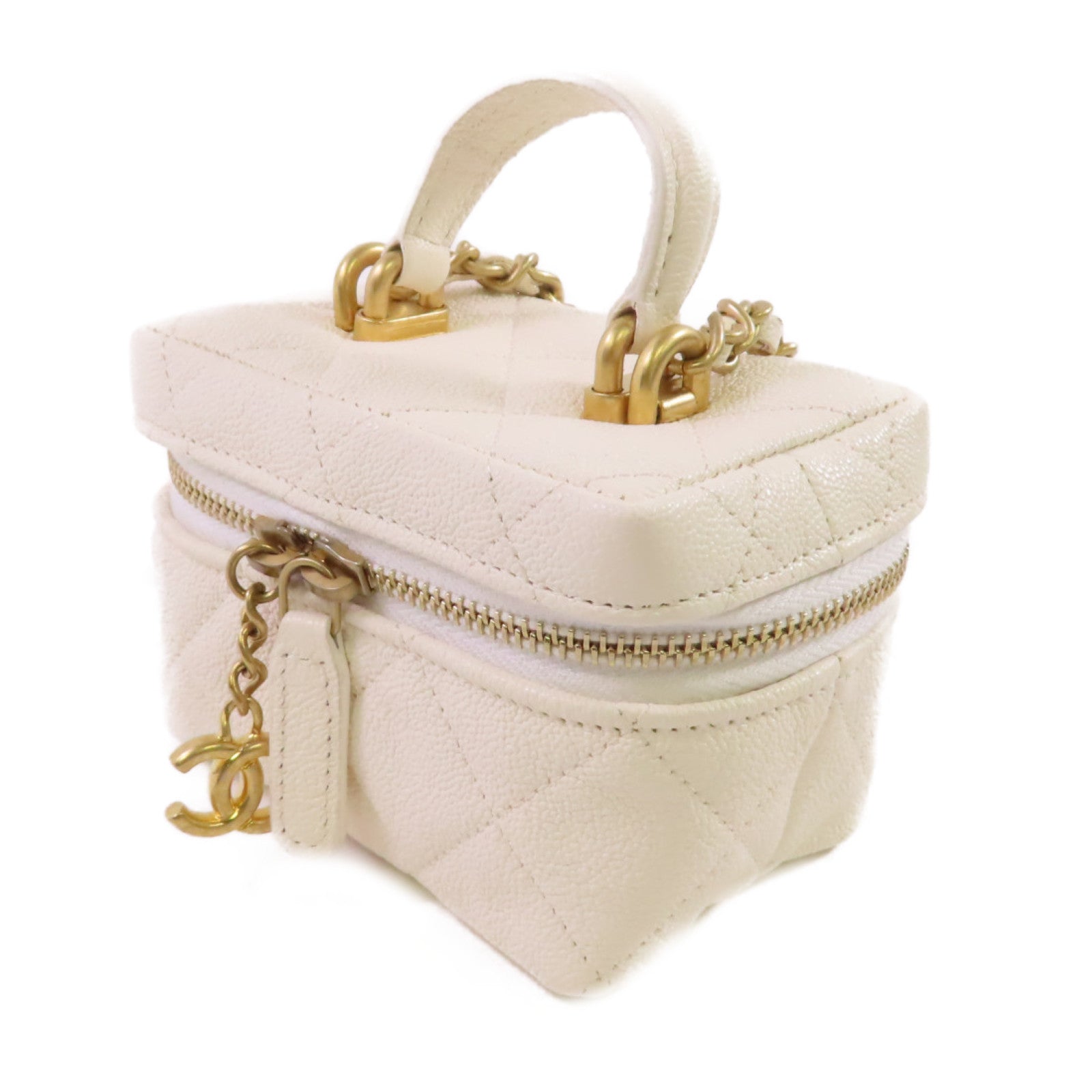 CHANEL 菱格牛皮皮革Chain Shoulder Bag金扣鏈帶肩背袋白色