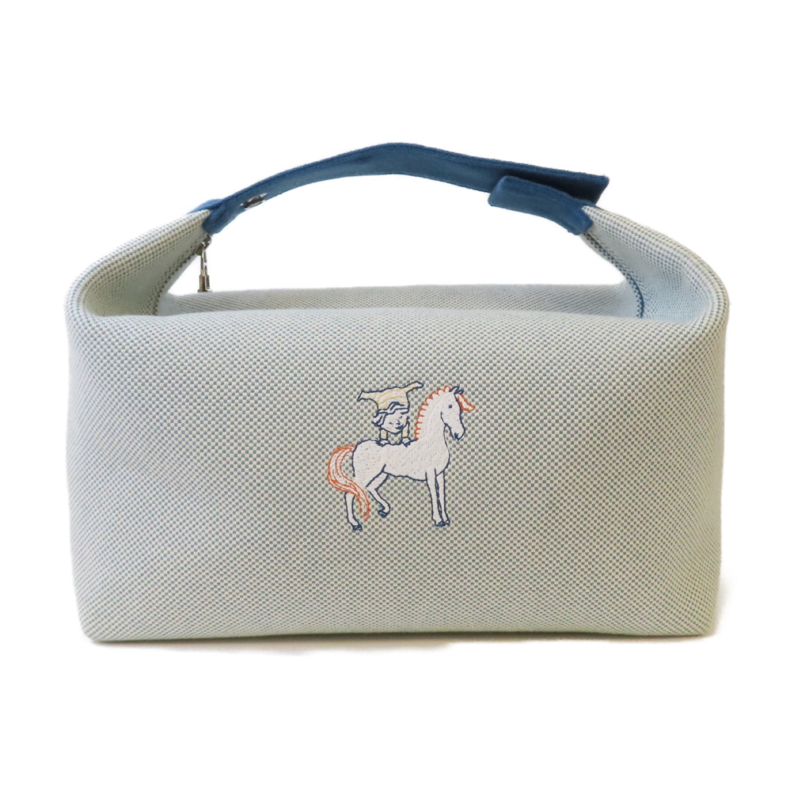 HERMES 帆布Bride A Brac Cabriole Case銀扣手挽袋米色/藍色