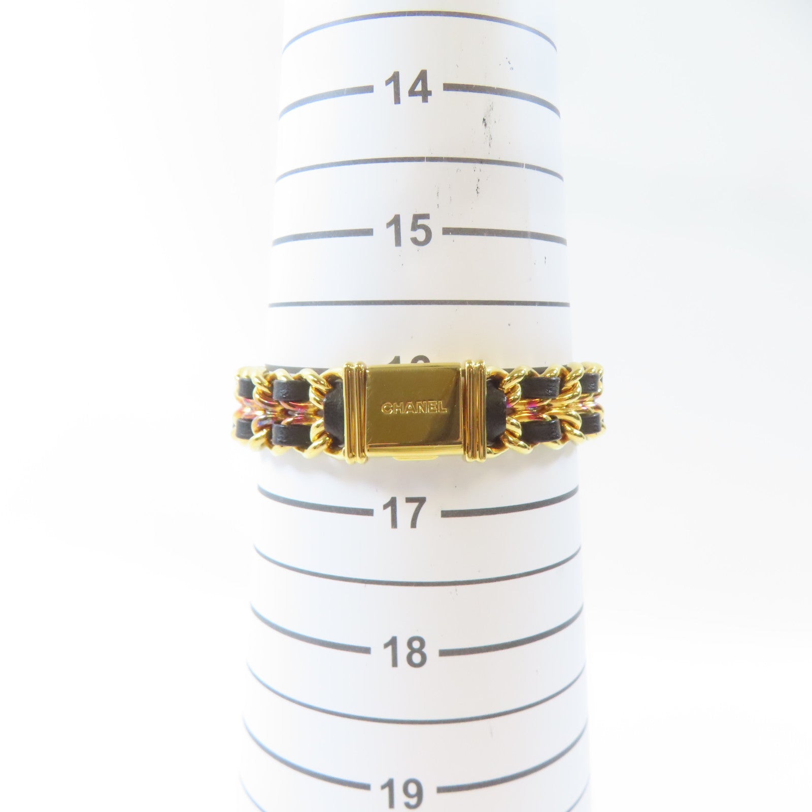 CHANEL Premiere L 18K鍍黃金/皮革手錶石英機芯黑色#16.25cm