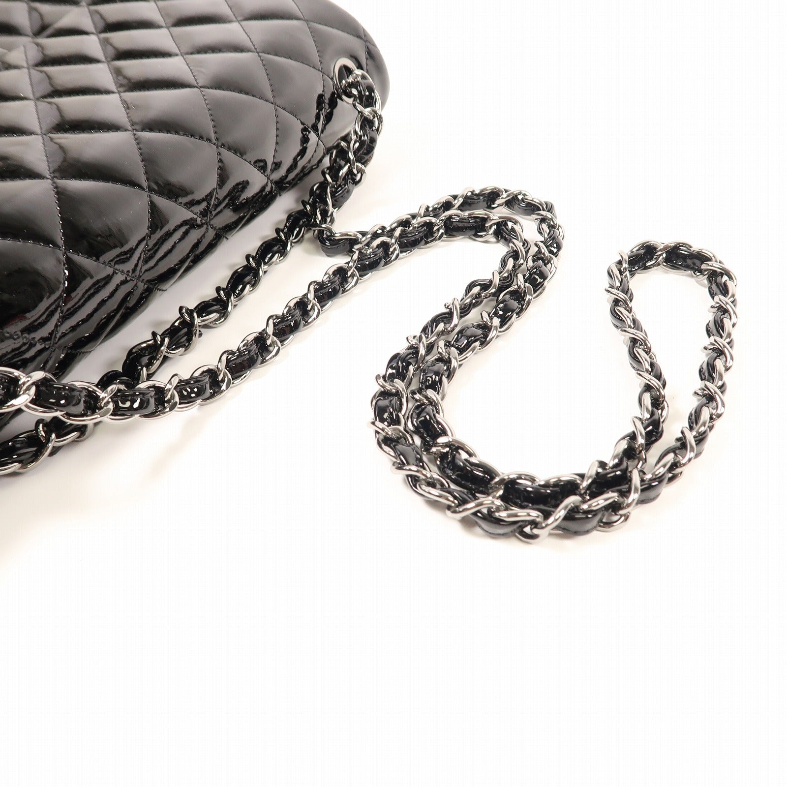 CHANEL 【激減優惠】漆皮皮革Large Classic銀扣鏈帶肩背袋