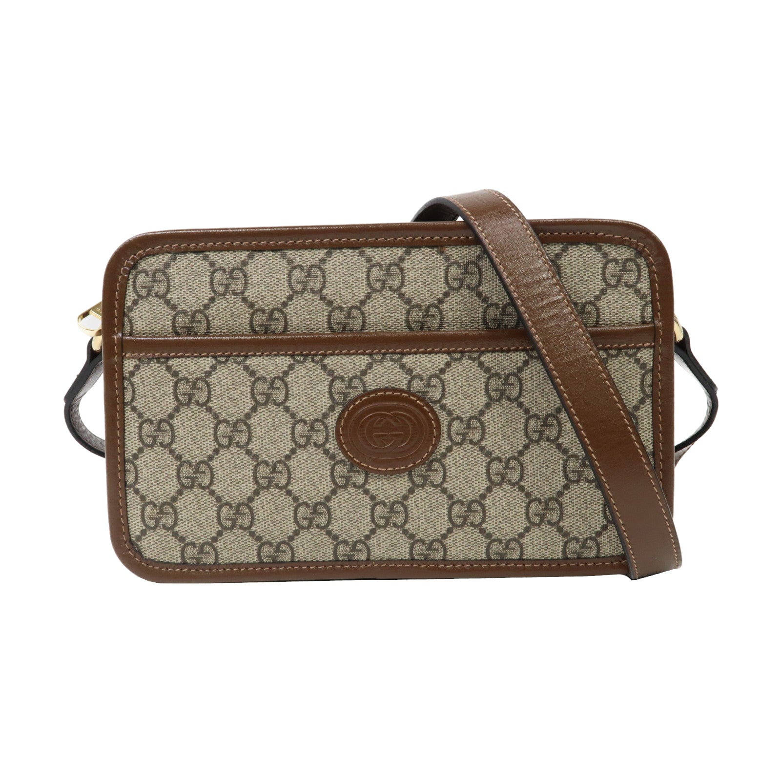 GUCCI 塗層帆布Mini Interlocking G金扣肩背袋啡色