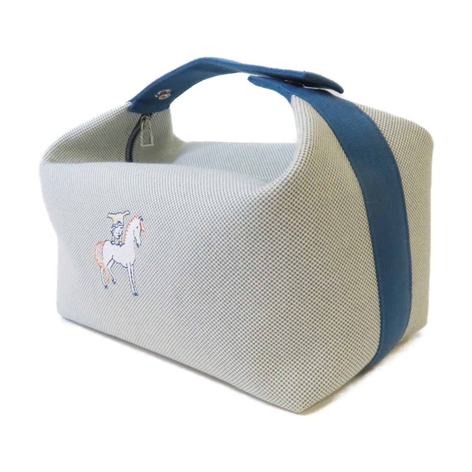 HERMES 帆布Bride A Brac Cabriole Case銀扣手挽袋米色/藍色