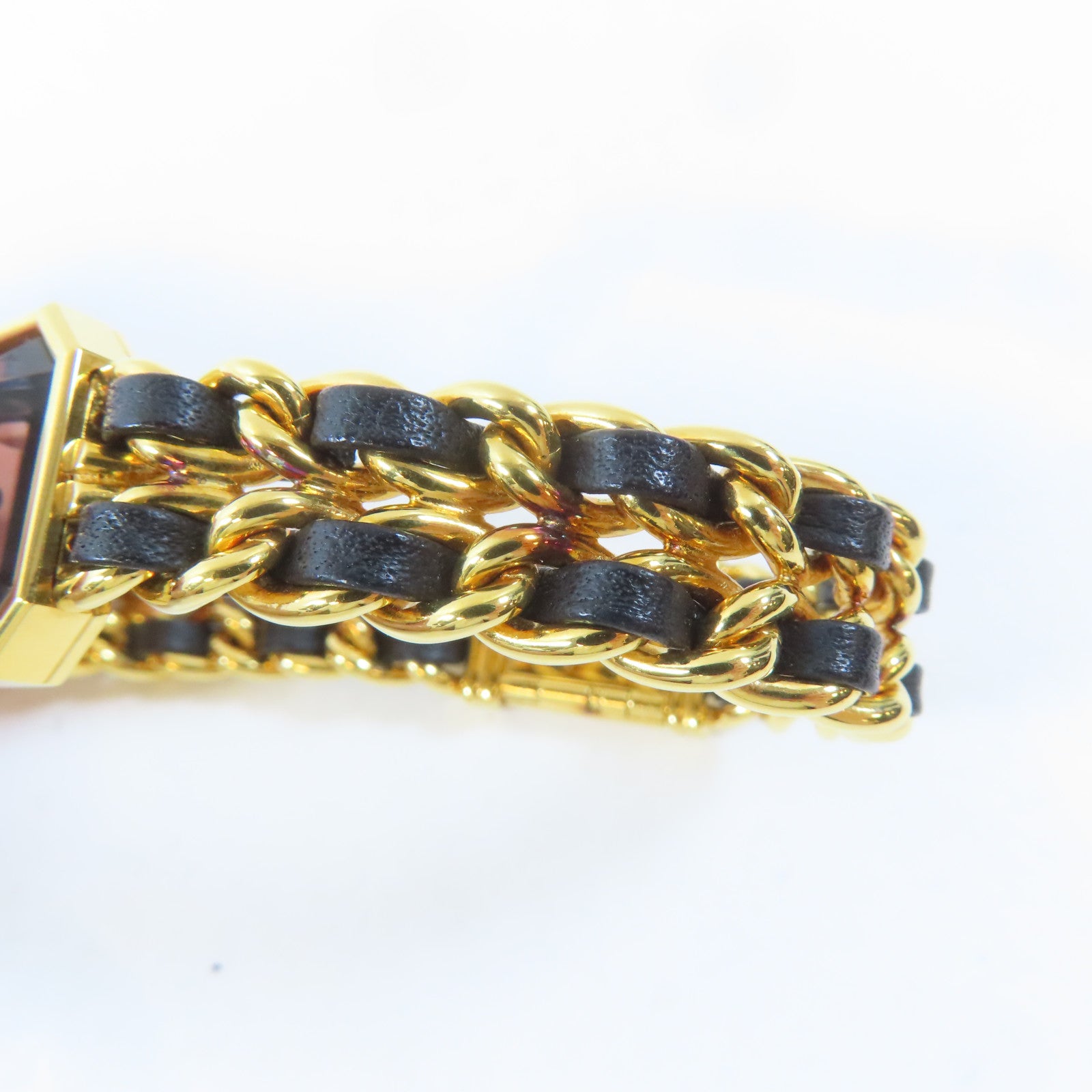 CHANEL Premiere L 18K鍍黃金/皮革手錶石英機芯黑色#16.25cm