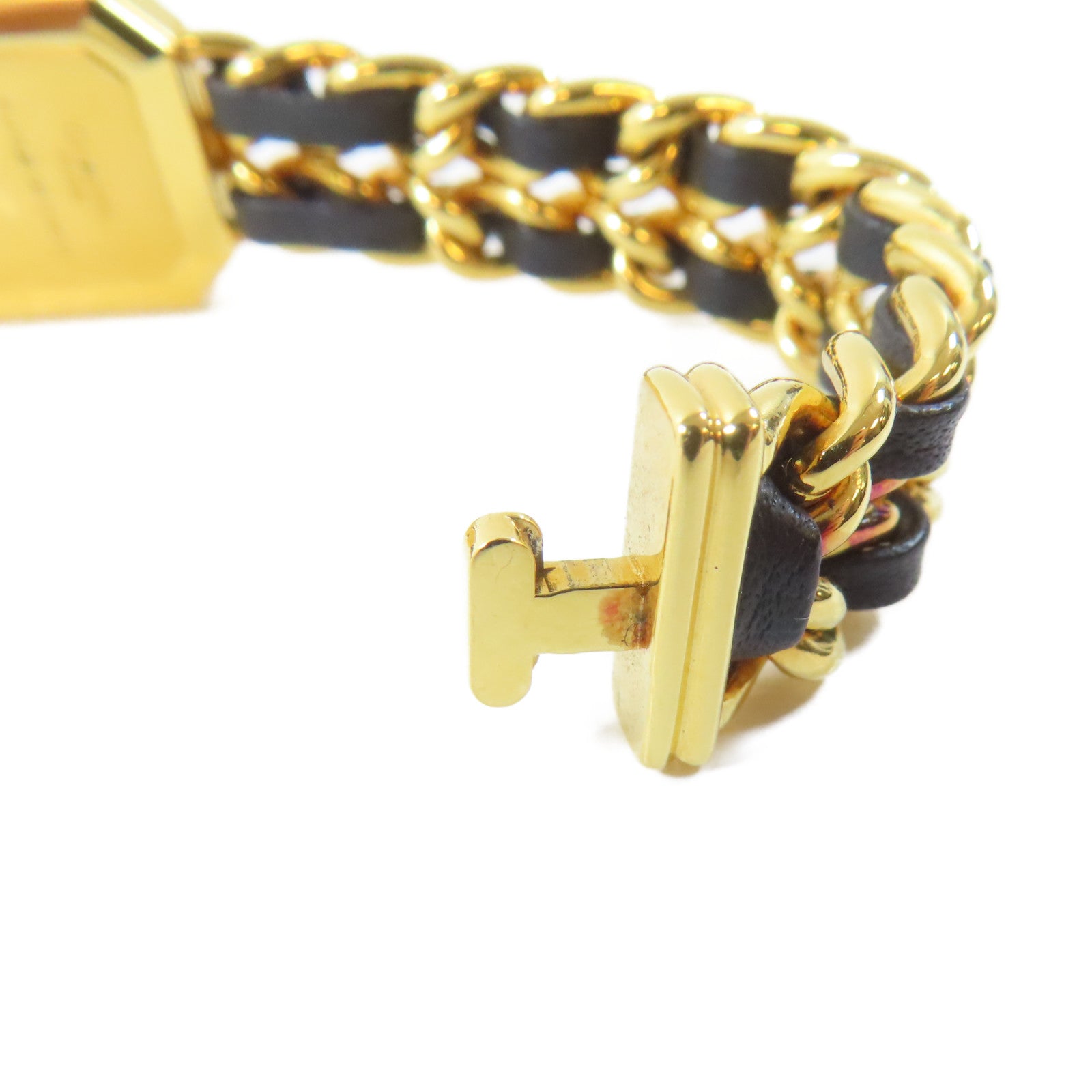 CHANEL Premiere L 18K鍍黃金/皮革手錶石英機芯黑色#16.25cm