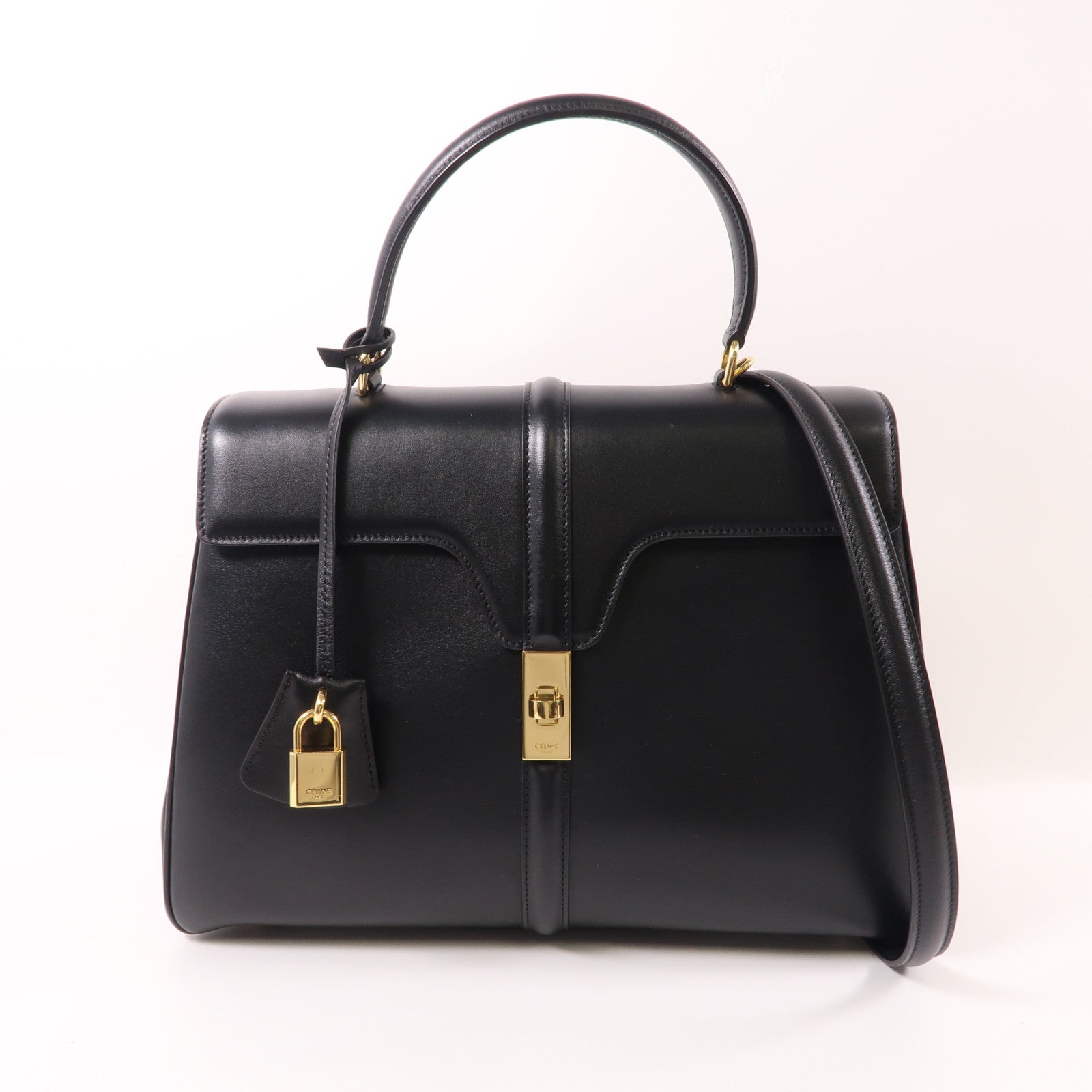 CELINE 牛皮皮革Celine 16 Medium金扣手挽肩背兩用袋黑色