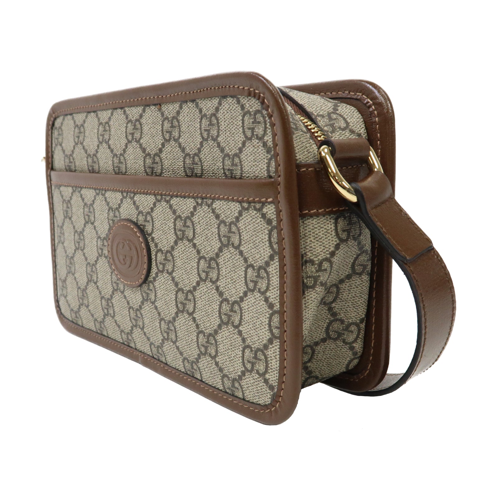 GUCCI 塗層帆布Mini Interlocking G金扣肩背袋啡色
