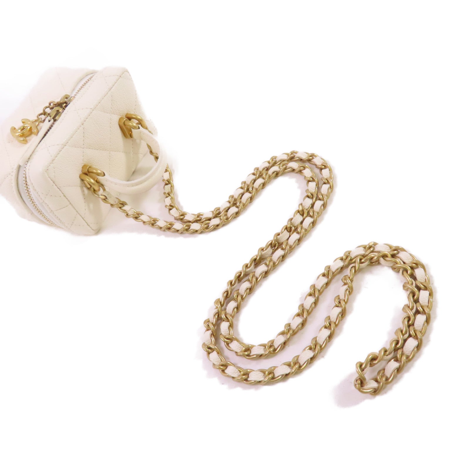 CHANEL 菱格牛皮皮革Chain Shoulder Bag金扣鏈帶肩背袋白色