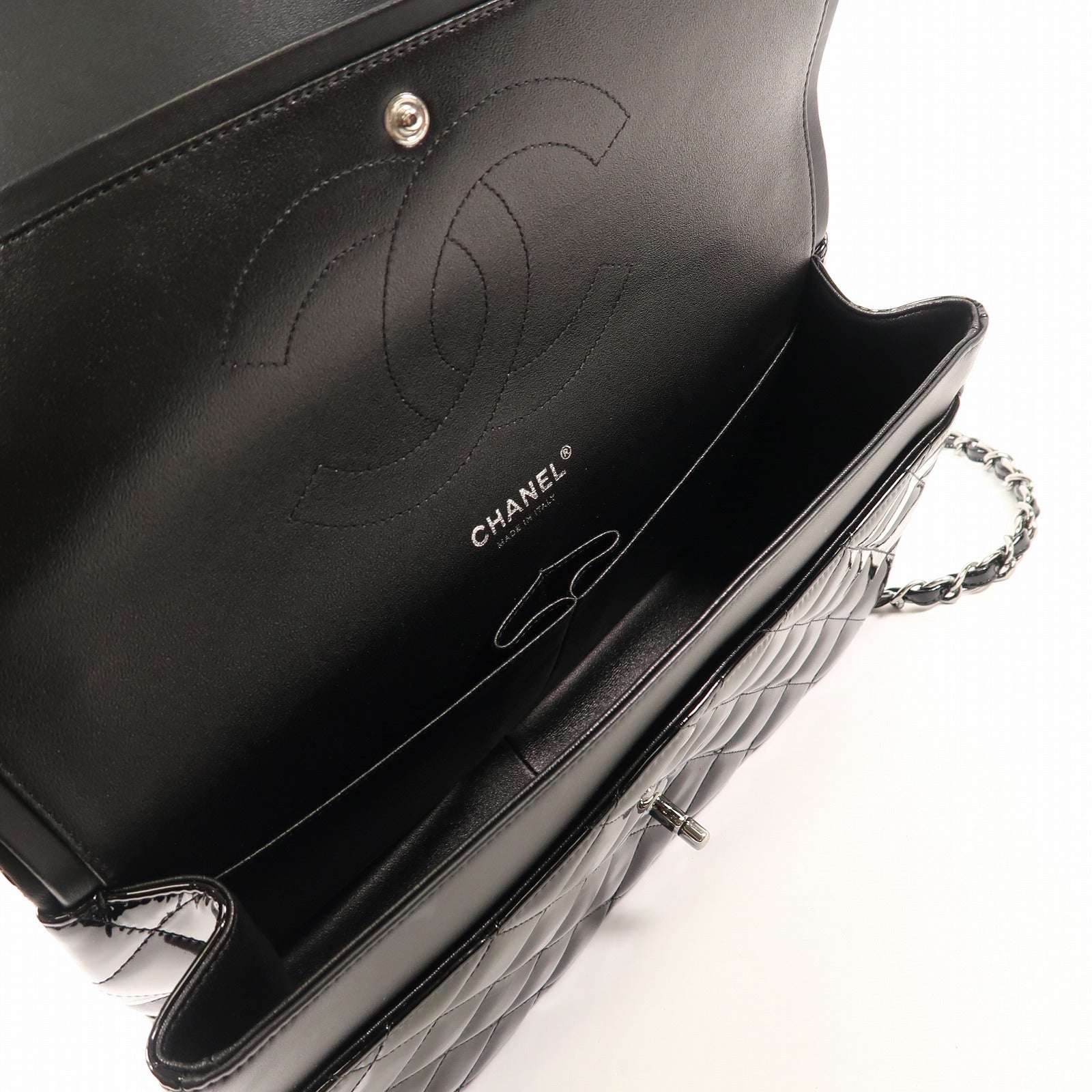 CHANEL 漆皮皮革Large Classic銀扣鏈帶肩背袋