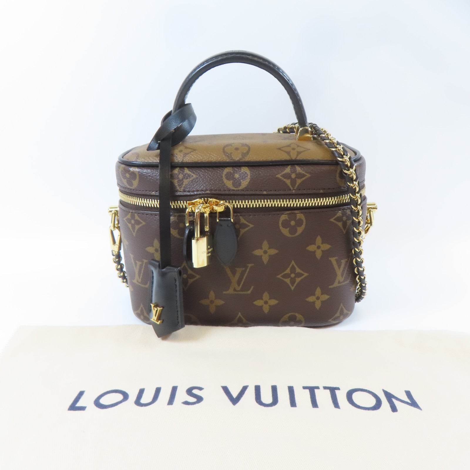 LOUIS VUITTON Monogram Vanity PM金扣鏈帶手挽肩背兩用袋啡色