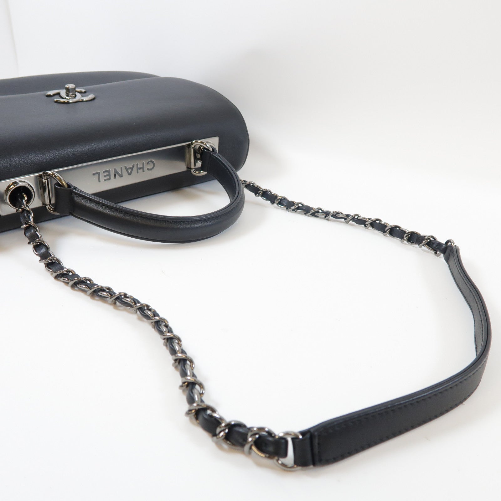 CHANEL 牛皮皮革Chain Shoulder Bag銀扣手挽肩背兩用袋黑色