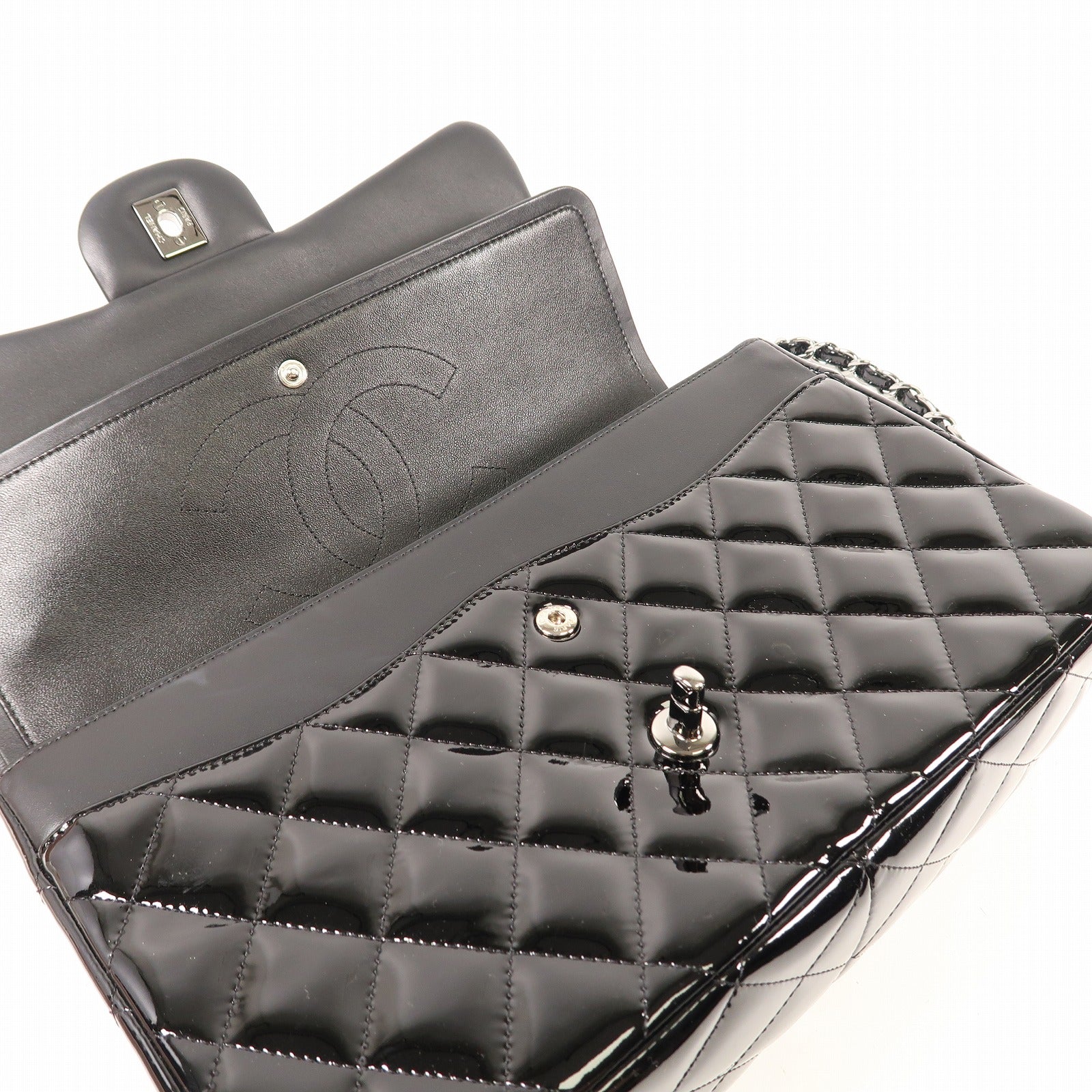 CHANEL 漆皮皮革Large Classic銀扣鏈帶肩背袋