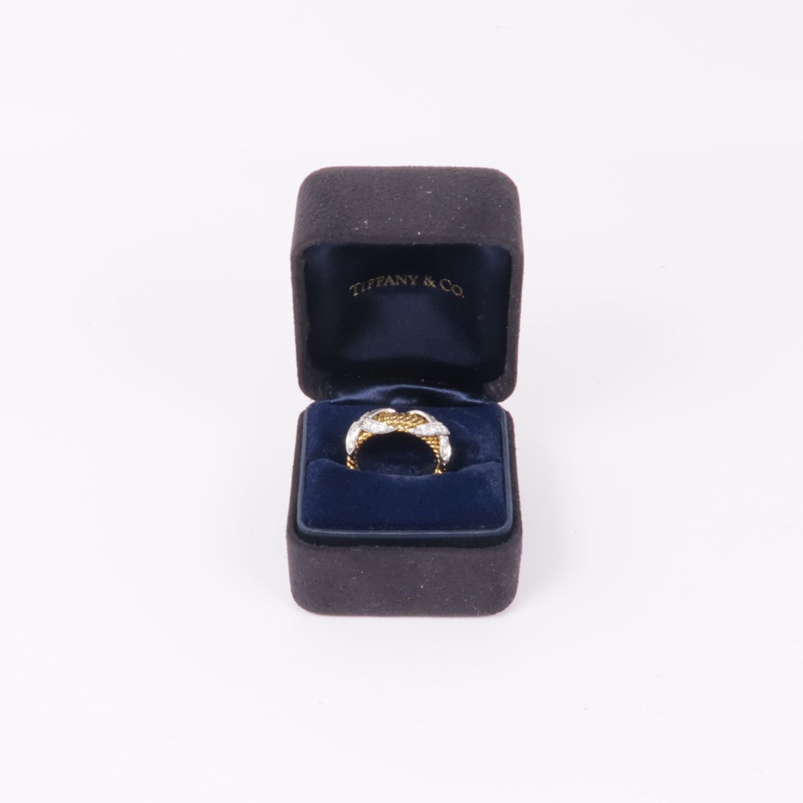 TIFFANY＆CO PT950鉑金/18K黃金Schlumberger Rope Four-Row X Ring鑽石戒指US#5
