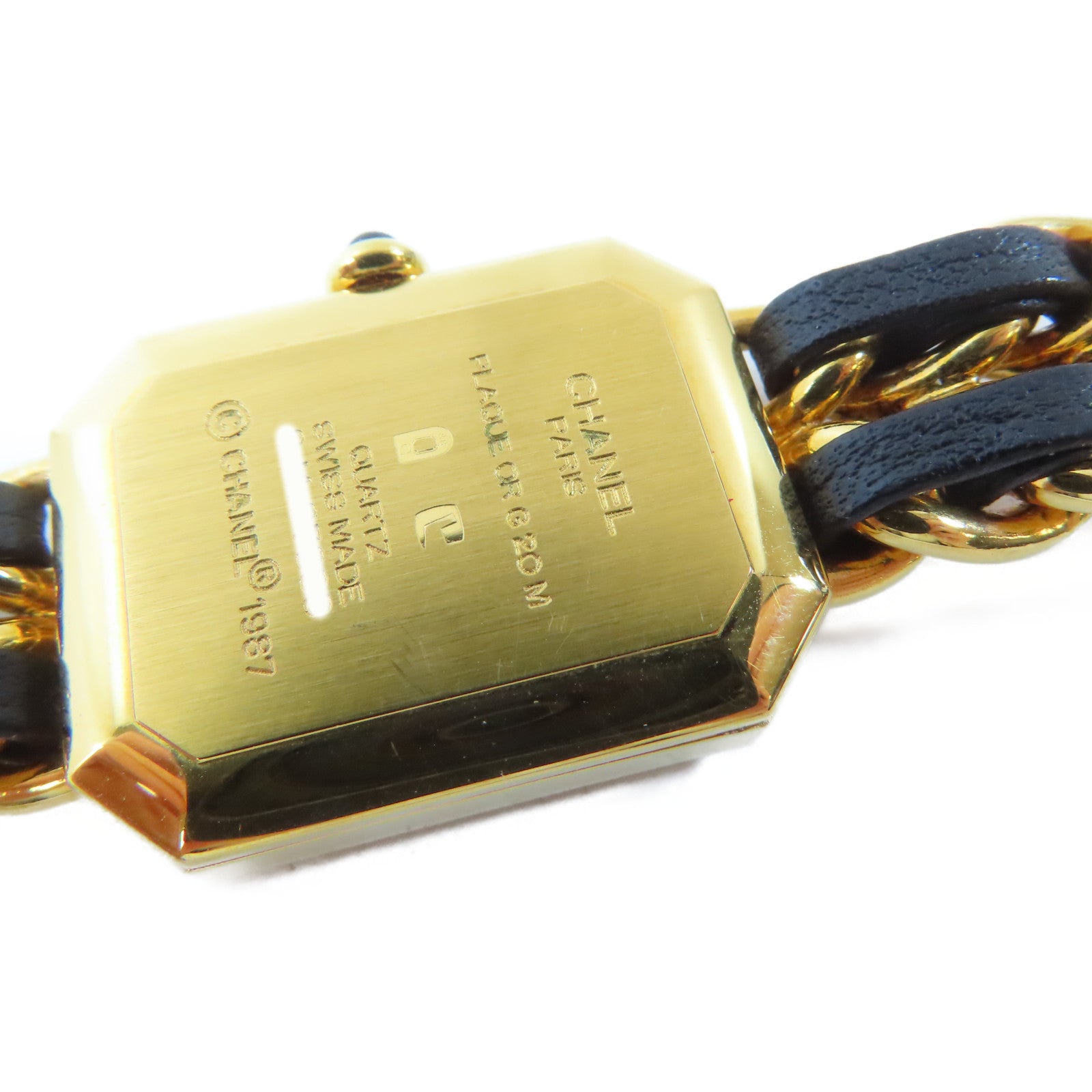 CHANEL Premiere L 18K鍍黃金/皮革手錶石英機芯黑色#16.25cm