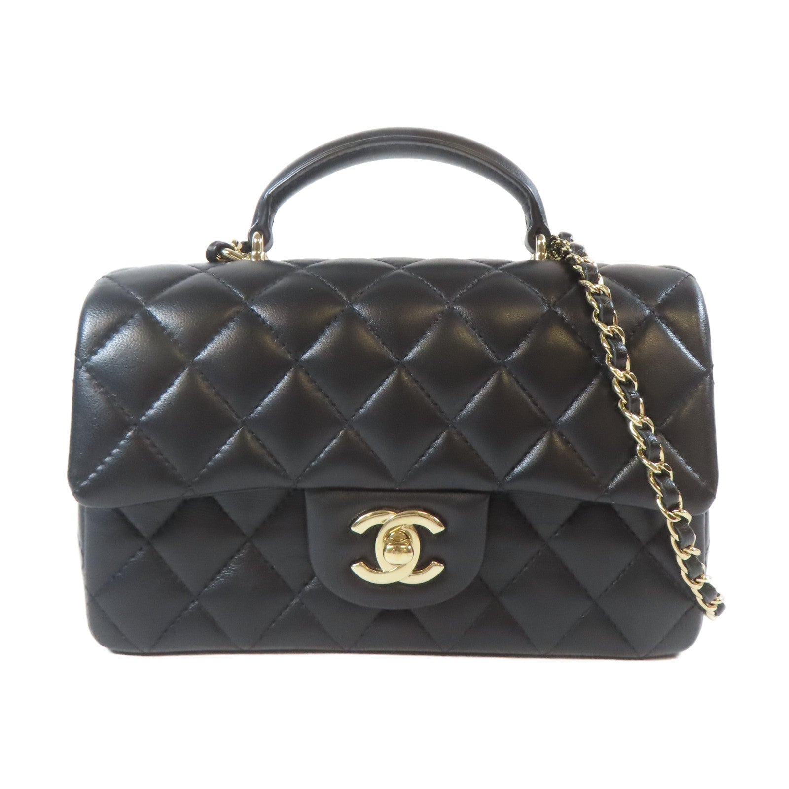 CHANEL 菱格羊皮皮革2way Chain Shoulder Bag金扣鏈帶手挽肩背兩用袋黑色