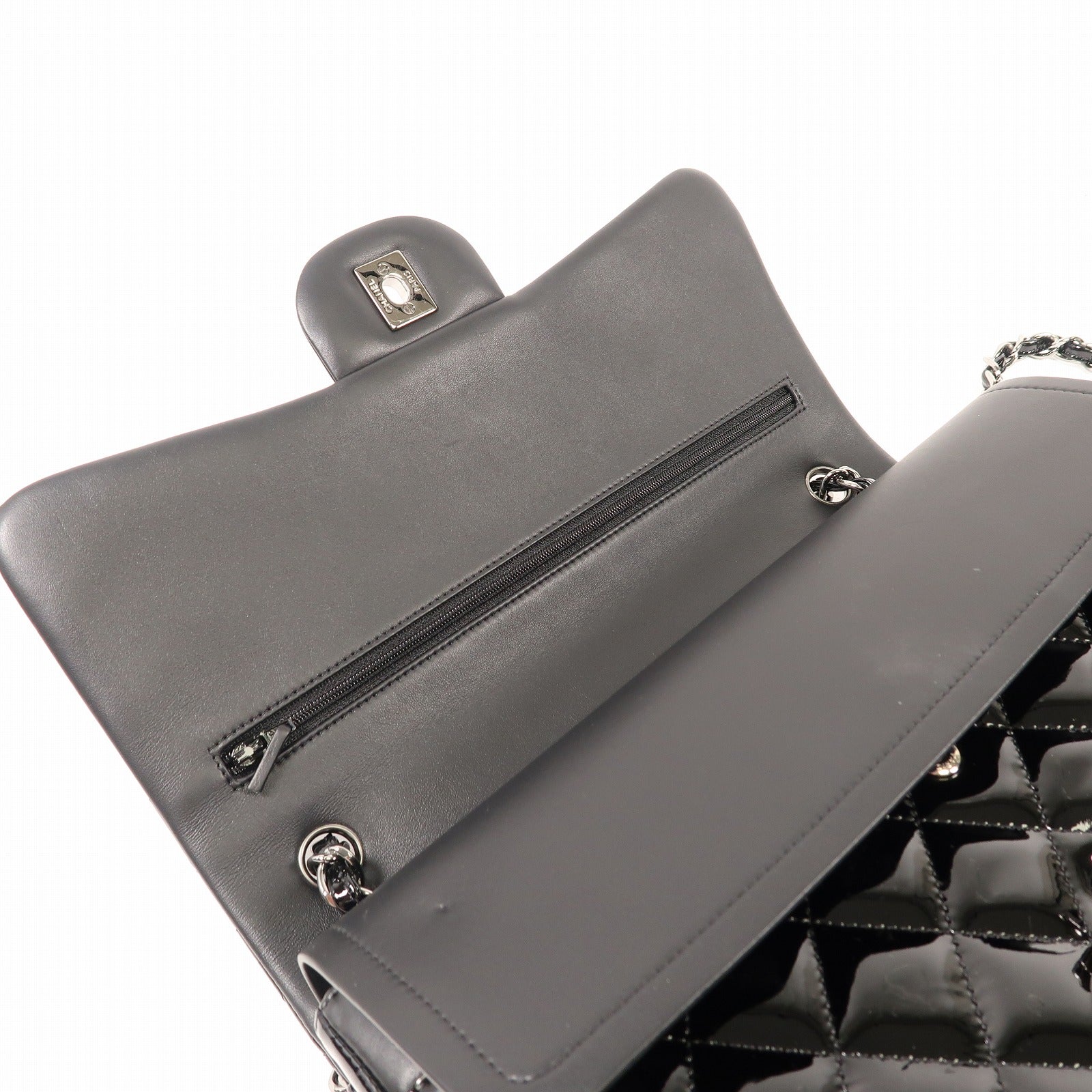 CHANEL 漆皮皮革Large Classic銀扣鏈帶肩背袋