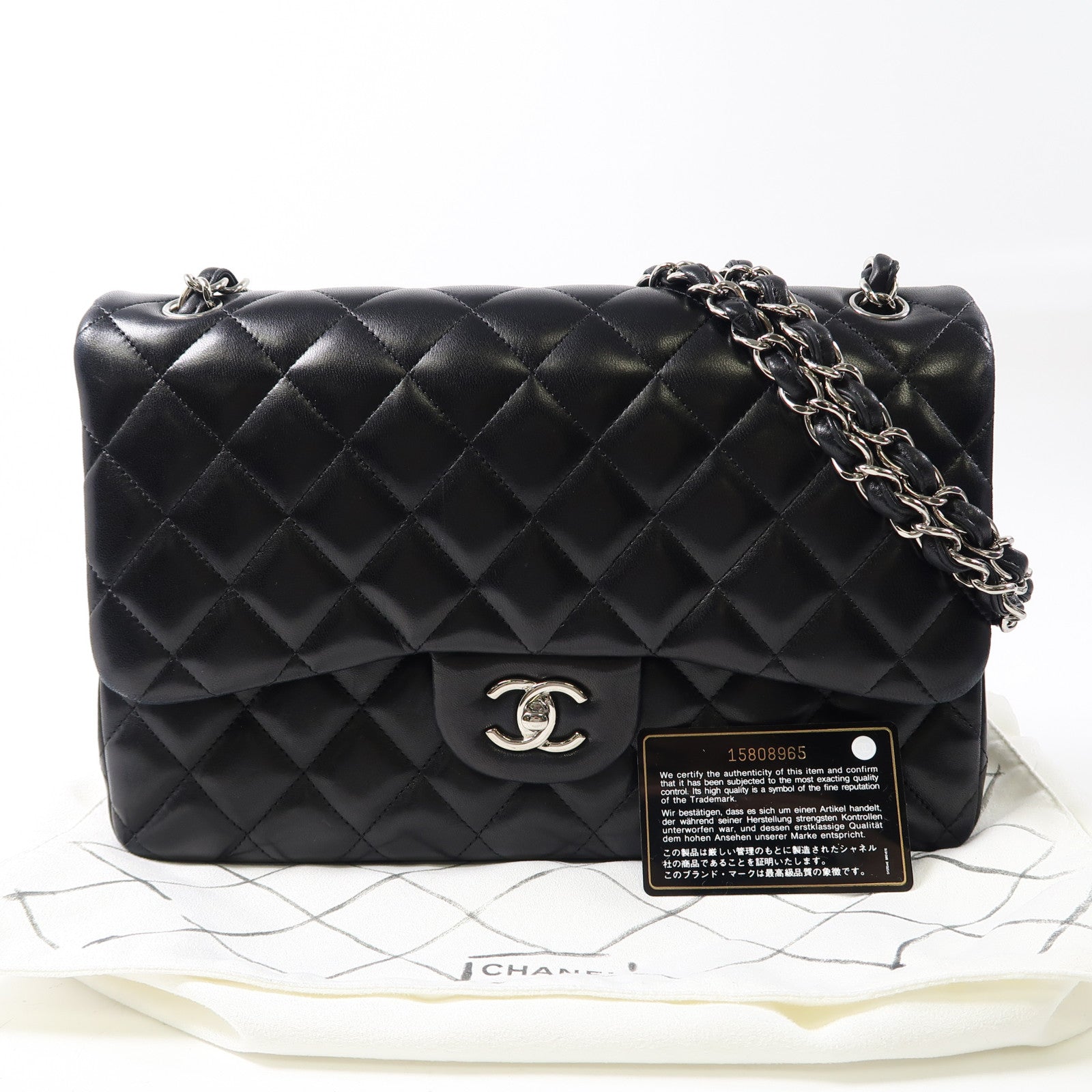 CHANEL 菱格羊皮皮革Classic Jumbo銀扣鏈帶肩背袋黑色