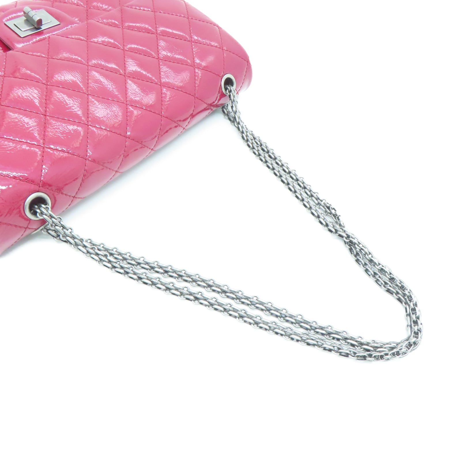 CHANEL 菱格漆皮皮革2.55 Chain Shoulder银扣链带肩背袋红色