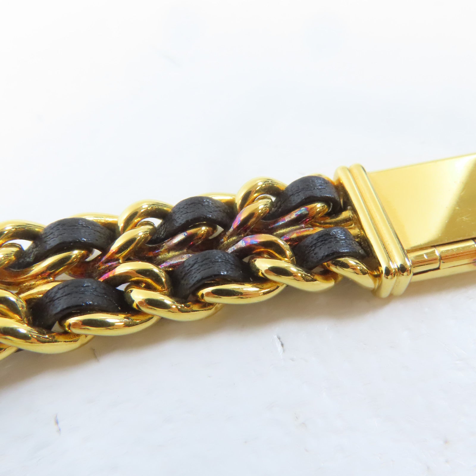 CHANEL Premiere L 18K鍍黃金/皮革手錶石英機芯黑色#16.25cm