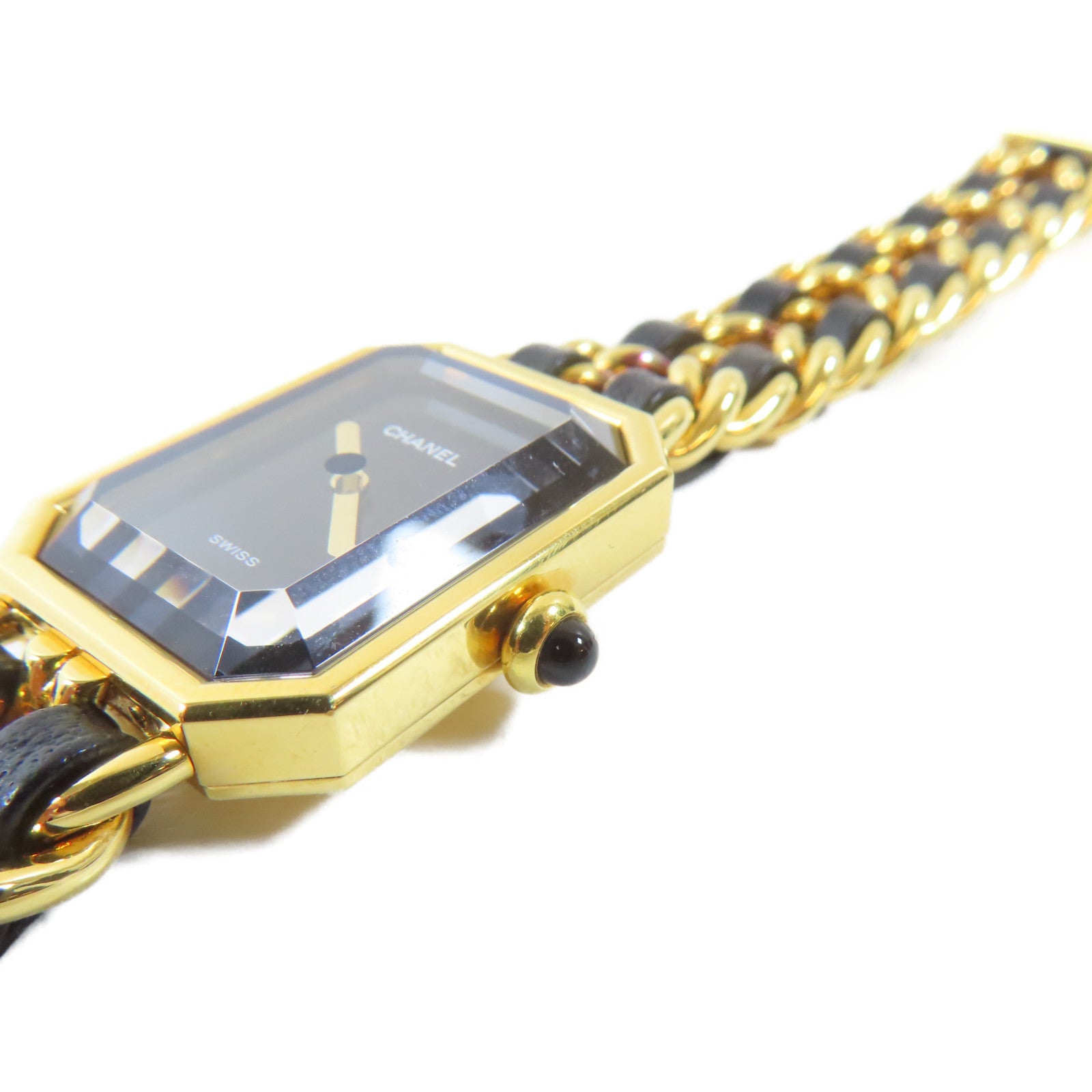 CHANEL Premiere L 18K鍍黃金/皮革手錶石英機芯黑色#16.25cm