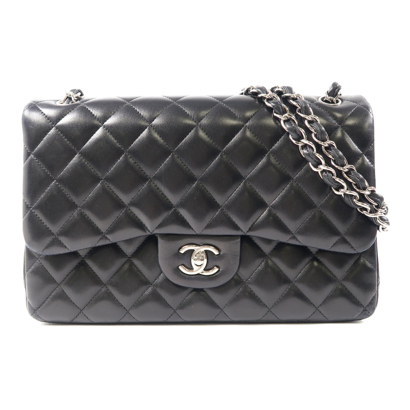 CHANEL 菱格羊皮皮革Classic Jumbo銀扣鏈帶肩背袋黑色
