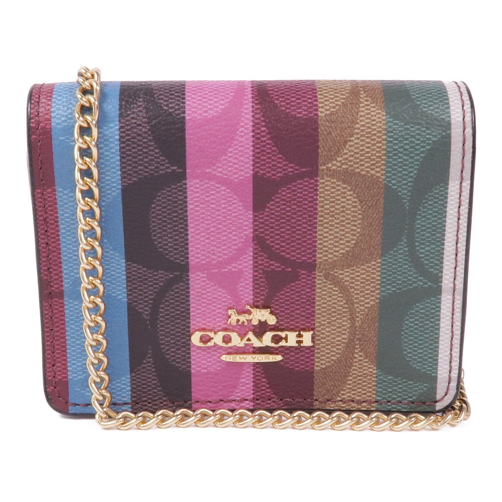 COACH 塗層帆布/皮革Chain Card Case金扣鏈帶卡片套