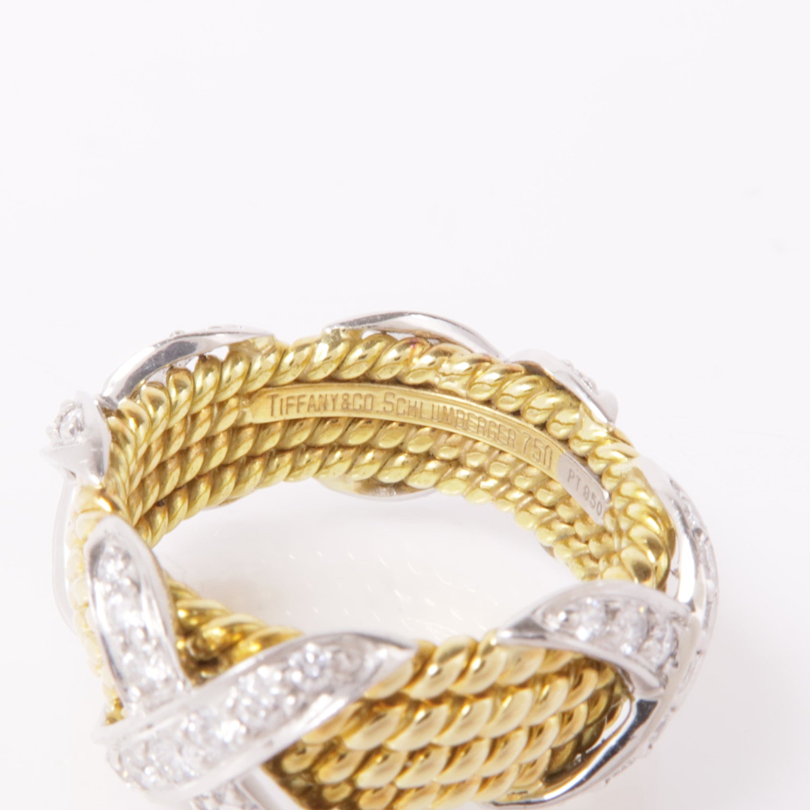 TIFFANY＆CO PT950鉑金/18K黃金Schlumberger Rope Four-Row X Ring鑽石戒指US#5