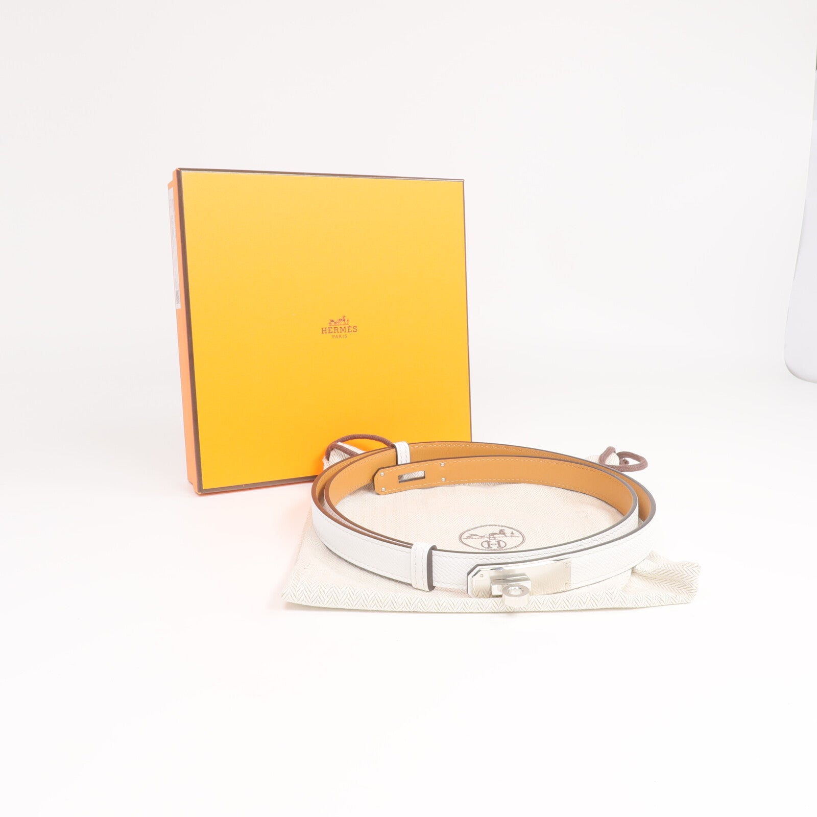 HERMES Epsom皮革Kelly 18 Belt銀扣皮帶Blanc