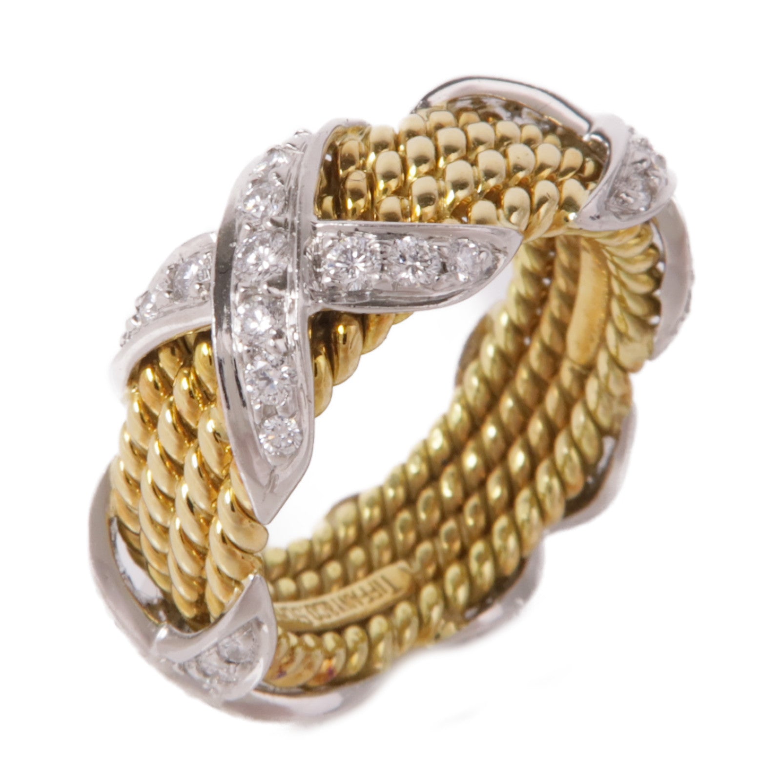 TIFFANY＆CO PT950鉑金/18K黃金Schlumberger Rope Four-Row X Ring鑽石戒指US#5