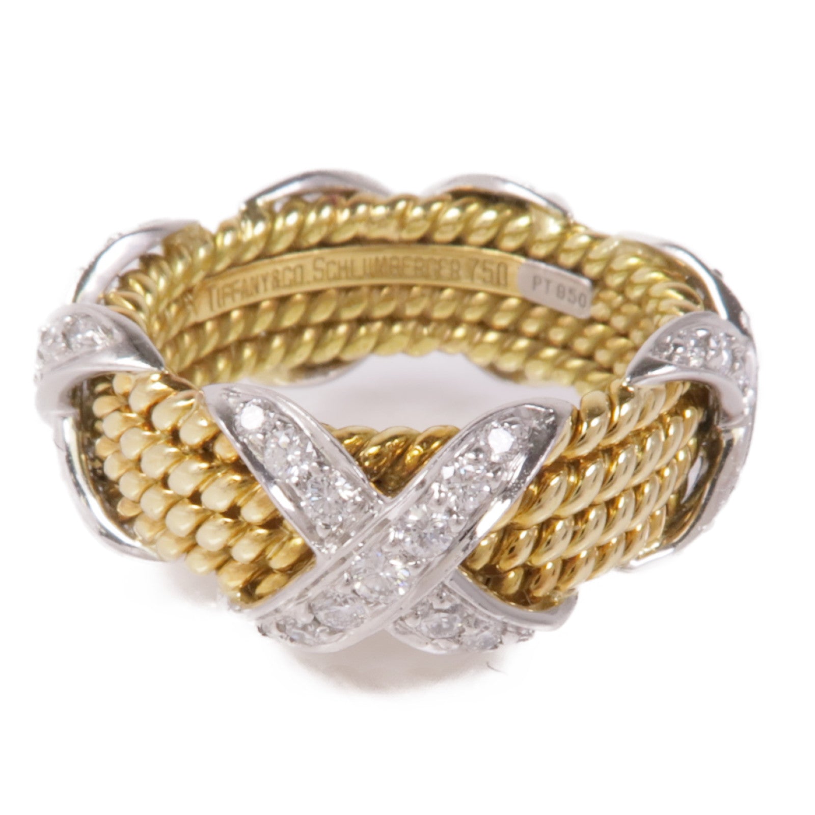 TIFFANY＆CO PT950鉑金/18K黃金Schlumberger Rope Four-Row X Ring鑽石戒指US#5