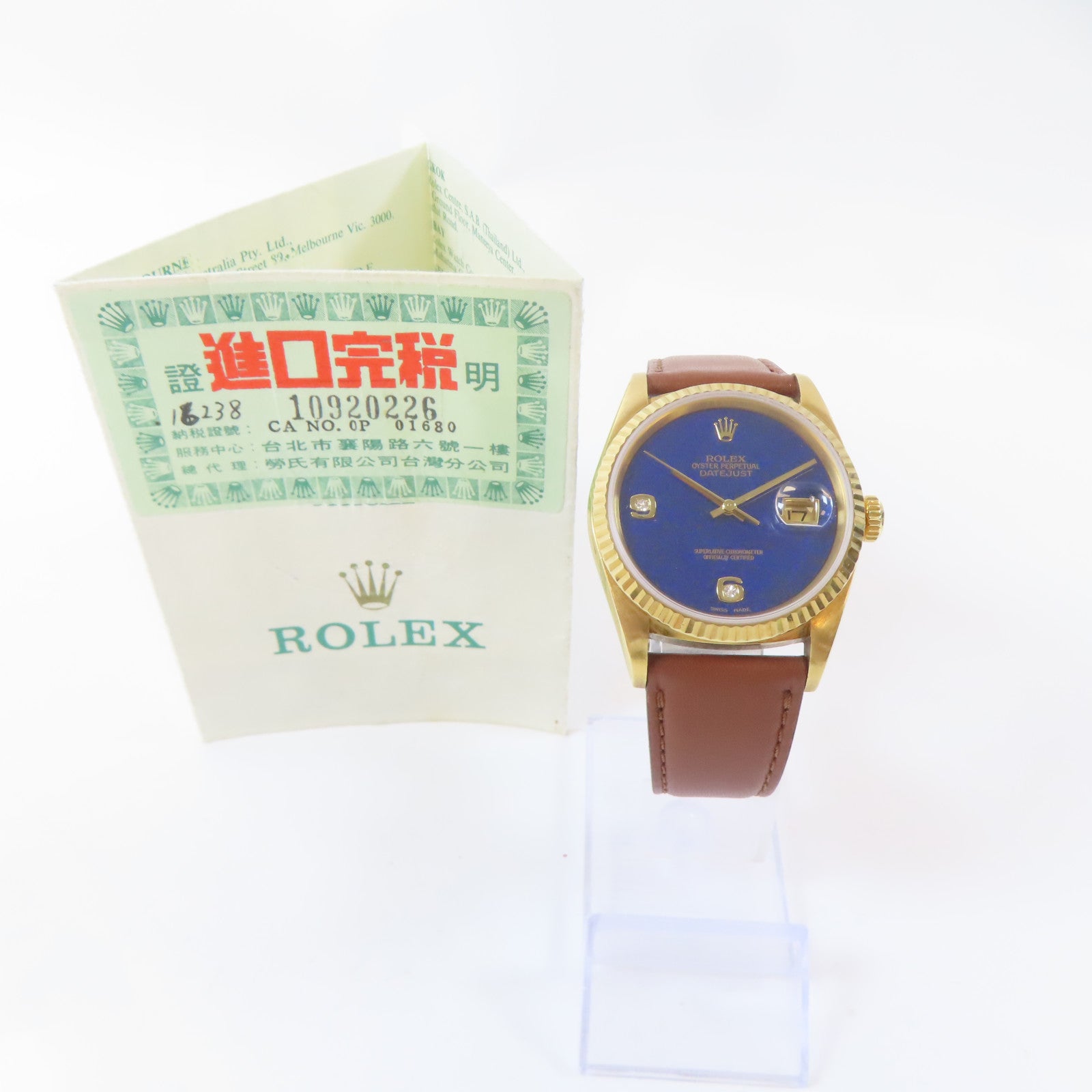 ROLEX Datejust18K黃金/皮革手錶自動機芯藍色#19cm