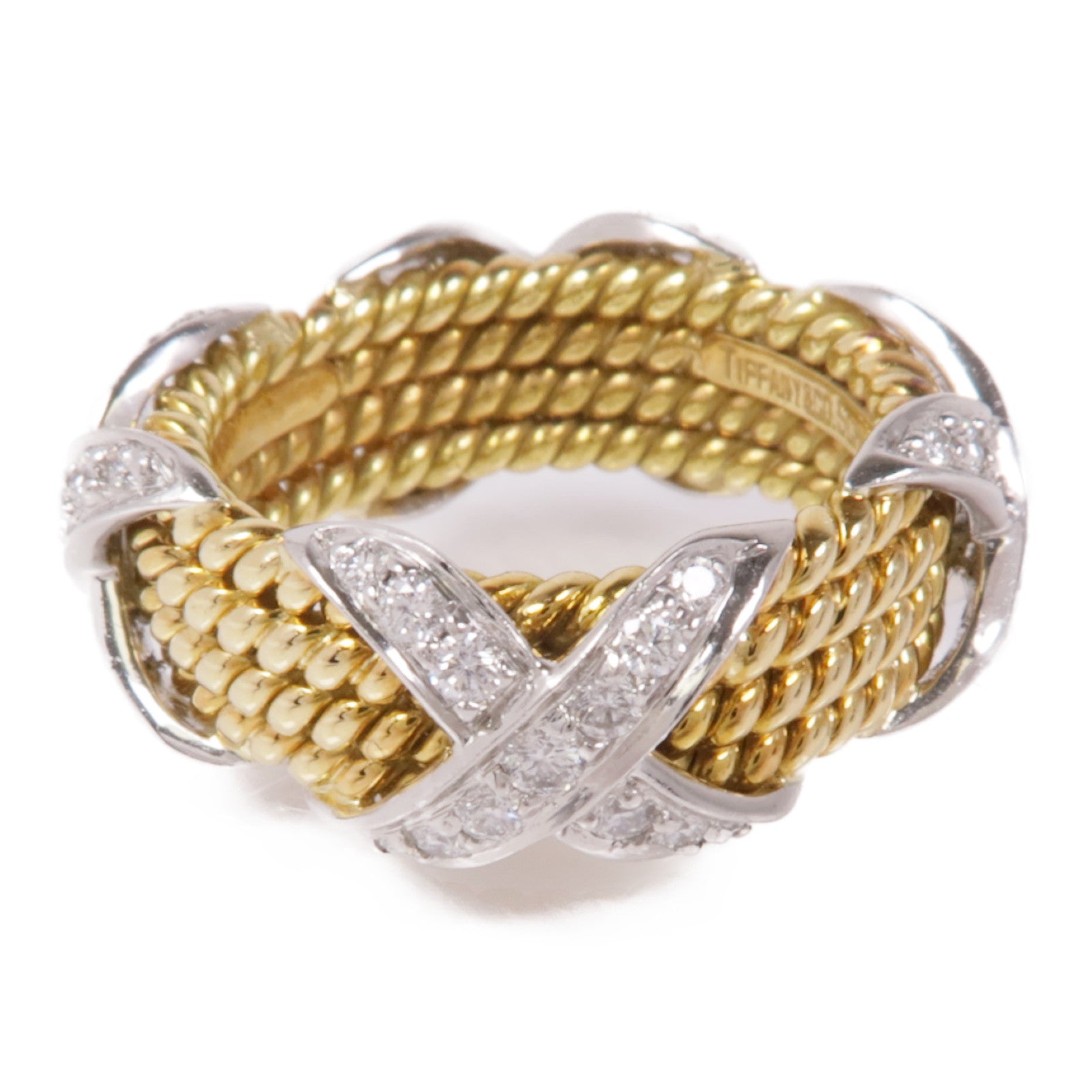 TIFFANY＆CO PT950鉑金/18K黃金Schlumberger Rope Four-Row X Ring鑽石戒指US#5