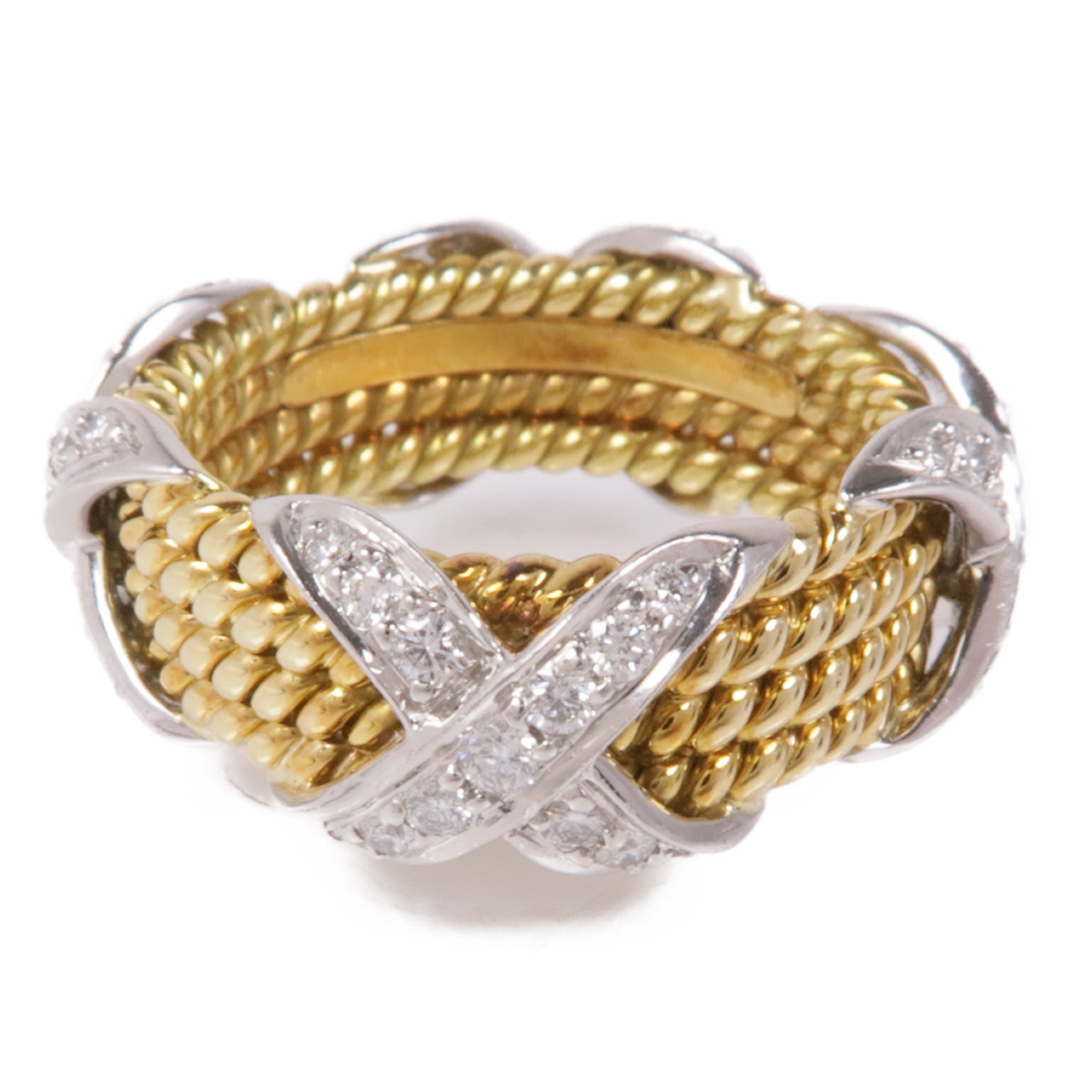 TIFFANY＆CO PT950鉑金/18K黃金Schlumberger Rope Four-Row X Ring鑽石戒指US#5