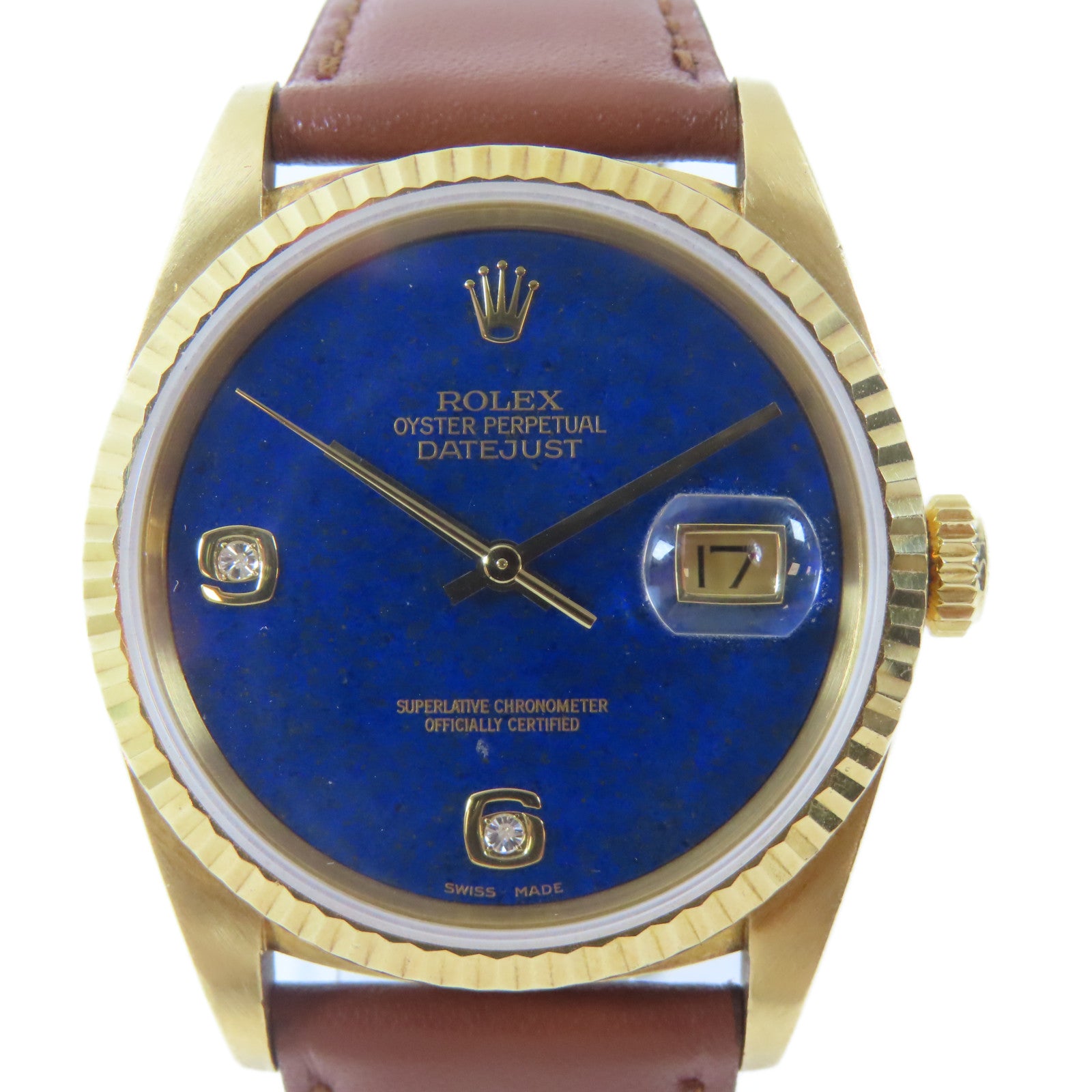ROLEX Datejust18K黃金/皮革手錶自動機芯藍色#19cm