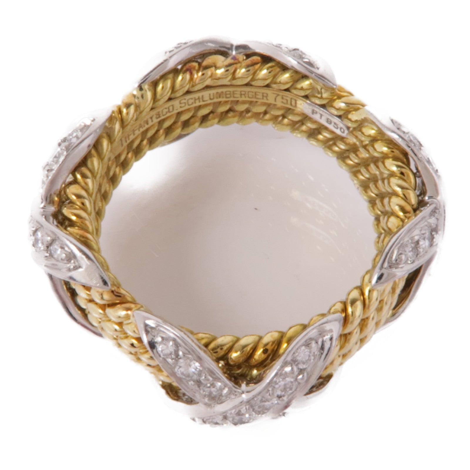 TIFFANY＆CO PT950鉑金/18K黃金Schlumberger Rope Four-Row X Ring鑽石戒指US#5
