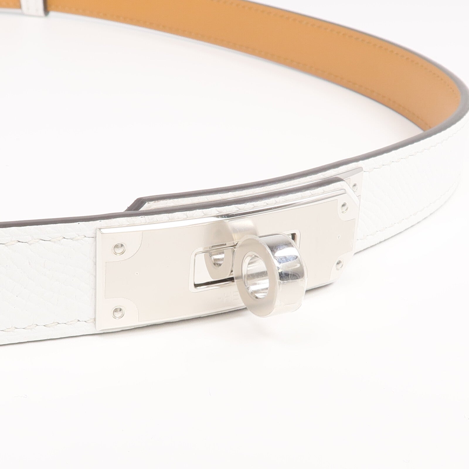 HERMES Epsom皮革Kelly 18 Belt銀扣皮帶Blanc